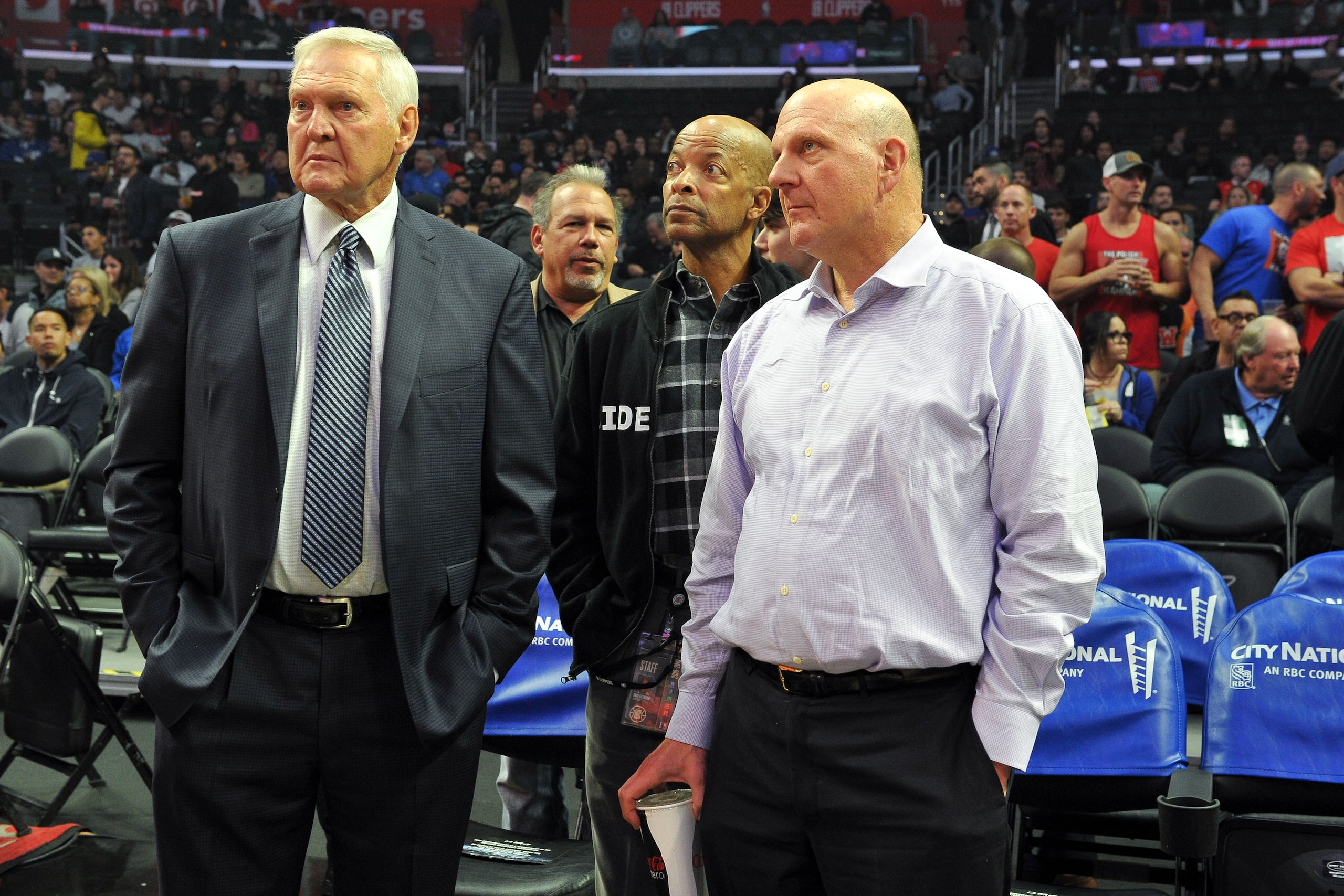LOS ANGELES, CALIFORNIA - DECEMBER 11: Jerry West and Steve Ballmer attend a basketball game between the Los Angeles Clippers and the Toronto Raptors at Staples Center on December 11, 2018 in Los Angeles, California. (Photo by Allen Berezovsky/Getty Image
