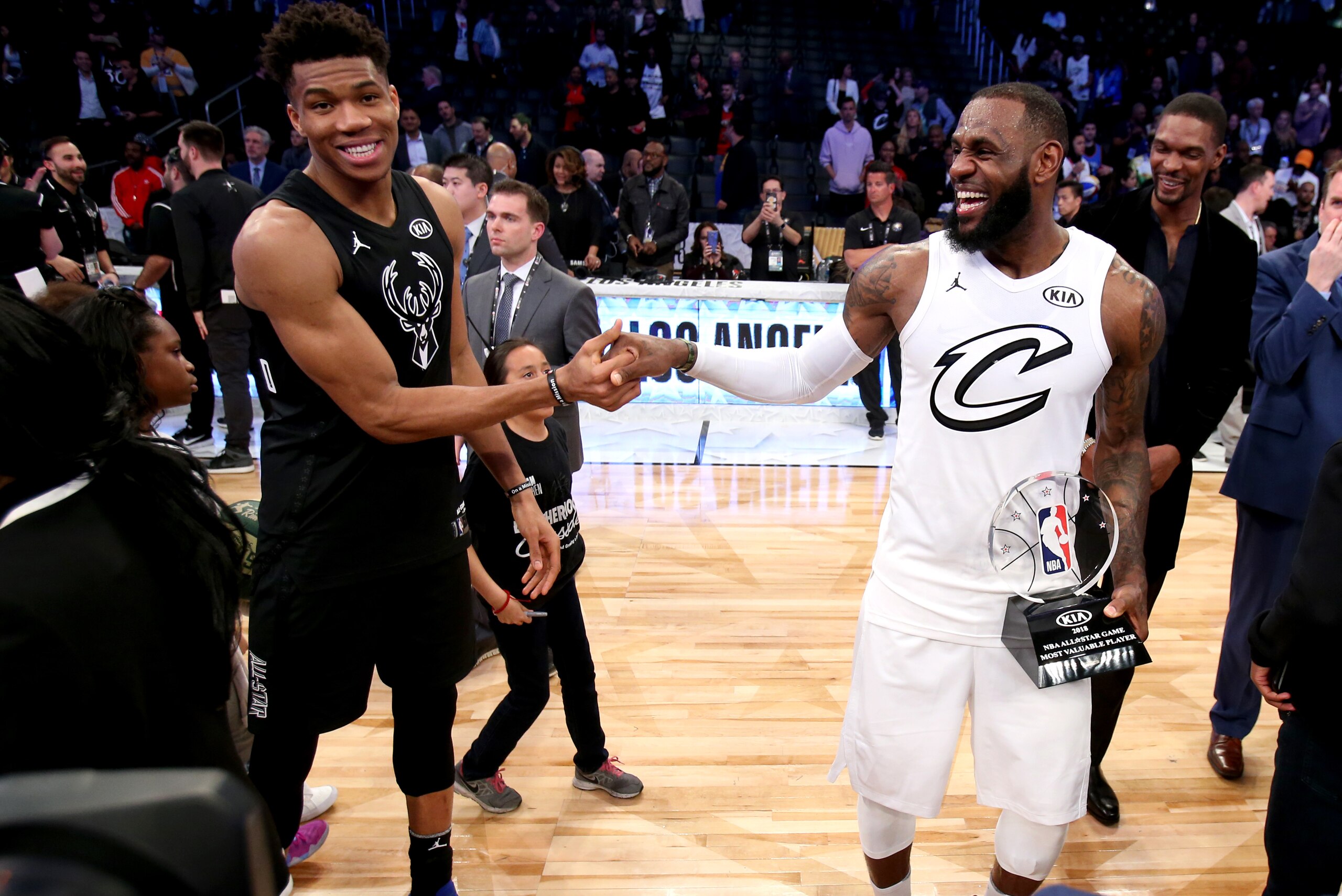 LOS ANGELES, CA - FEBRUARY 18:  LeBron James #23 of Team LeBron and Giannis Antetokounmpo #34 of Team Stephen after the NBA All-Star Game as a part of 2018 NBA All-Star Weekend at STAPLES Center on February 18, 2018 in Los Angeles, California. NOTE TO USE