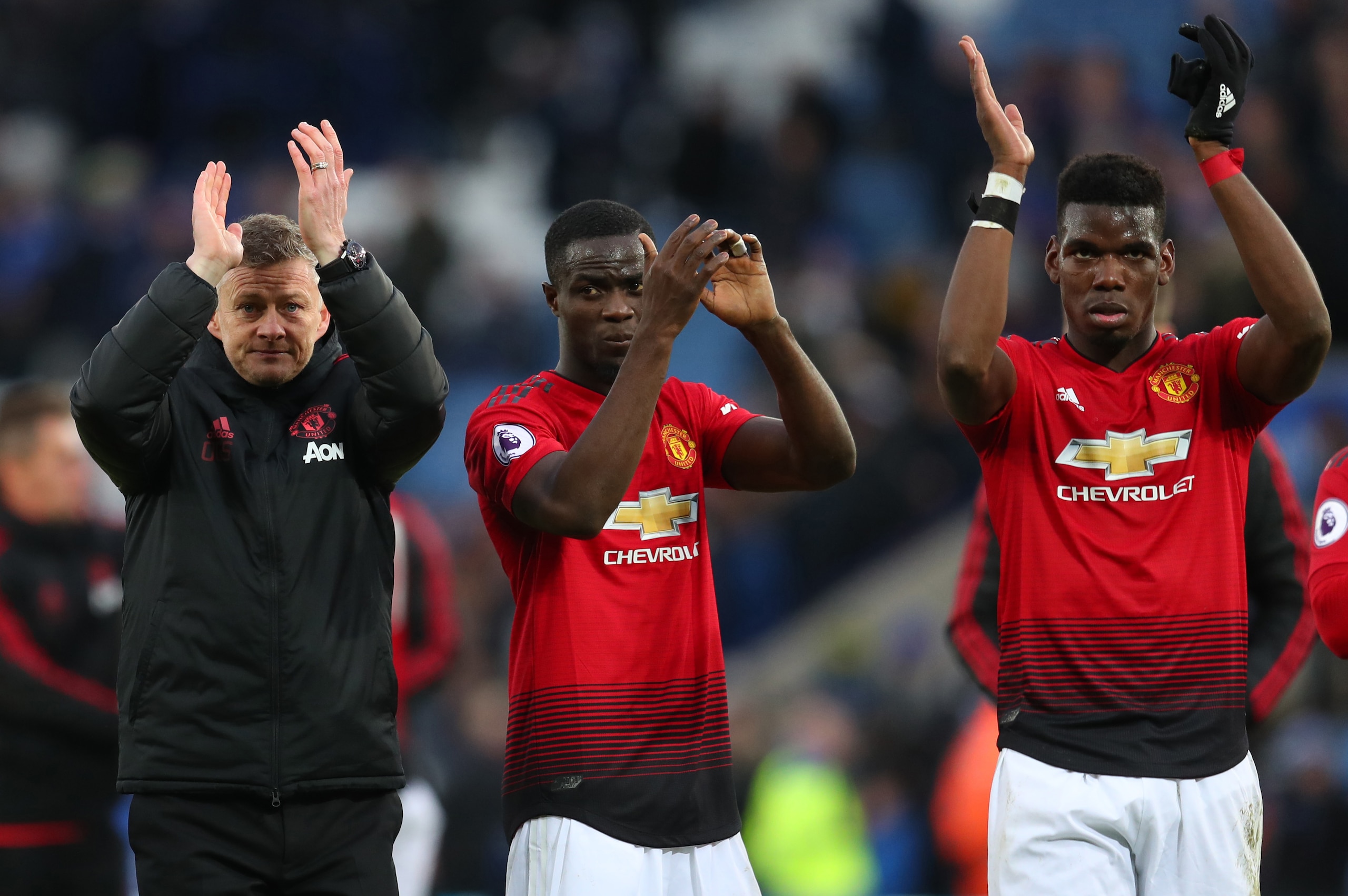 LEICESTER, ENGLAND - FEBRUARY 03: Ole Gunnar Solskjaer interim manager of Manchester United with Eric Bailly and Paul Pogba after the Premier League match between Leicester City and Manchester United at The King Power Stadium on February 03, 2019 in Leice