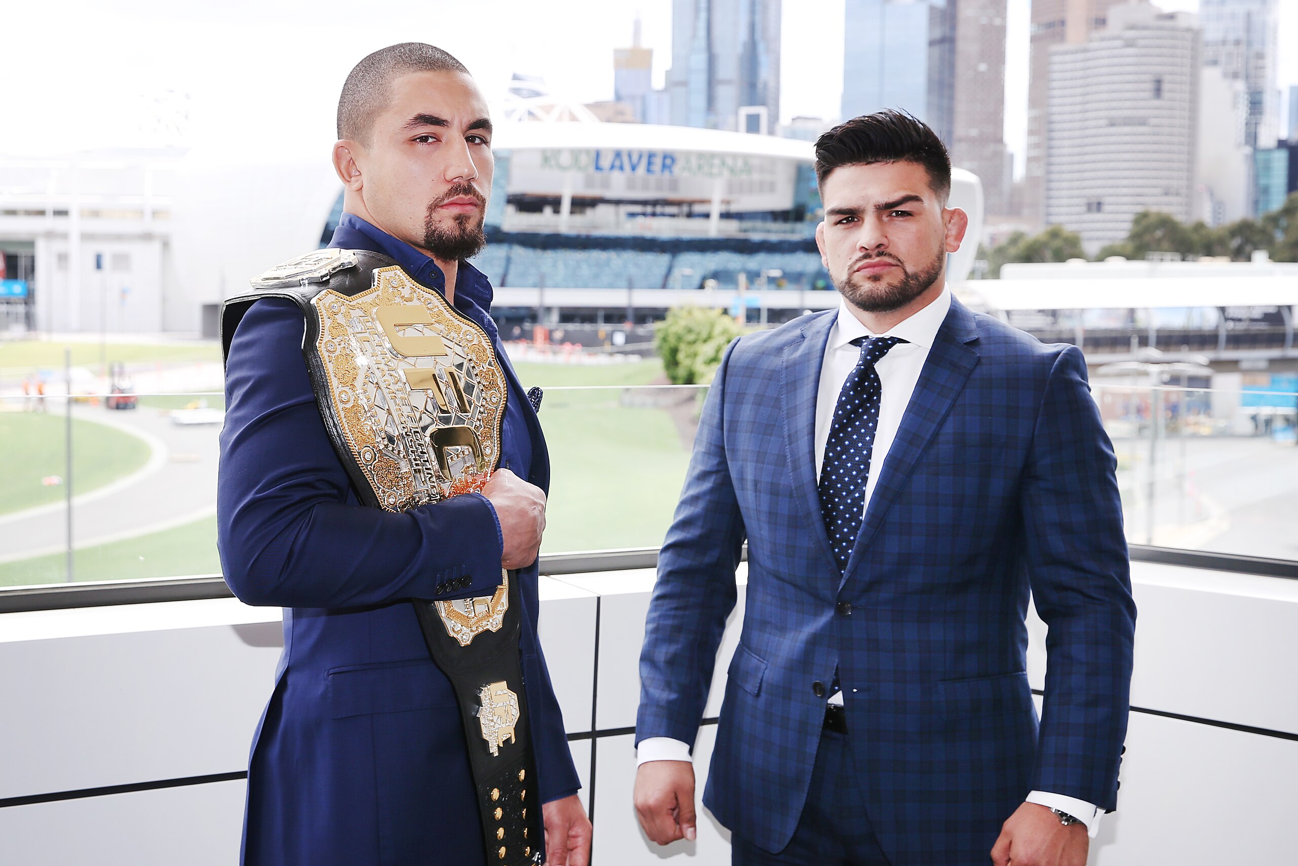 MELBOURNE, AUSTRALIA - DECEMBER 03: Robert Whittaker of Australia, UFC middleweight champion, poses with Kelvin Gastelum of the USA during a UFC press conference at Melbourne Arena on December 03, 2018 in Melbourne, Australia. (Photo by Michael Dodge/Zuff