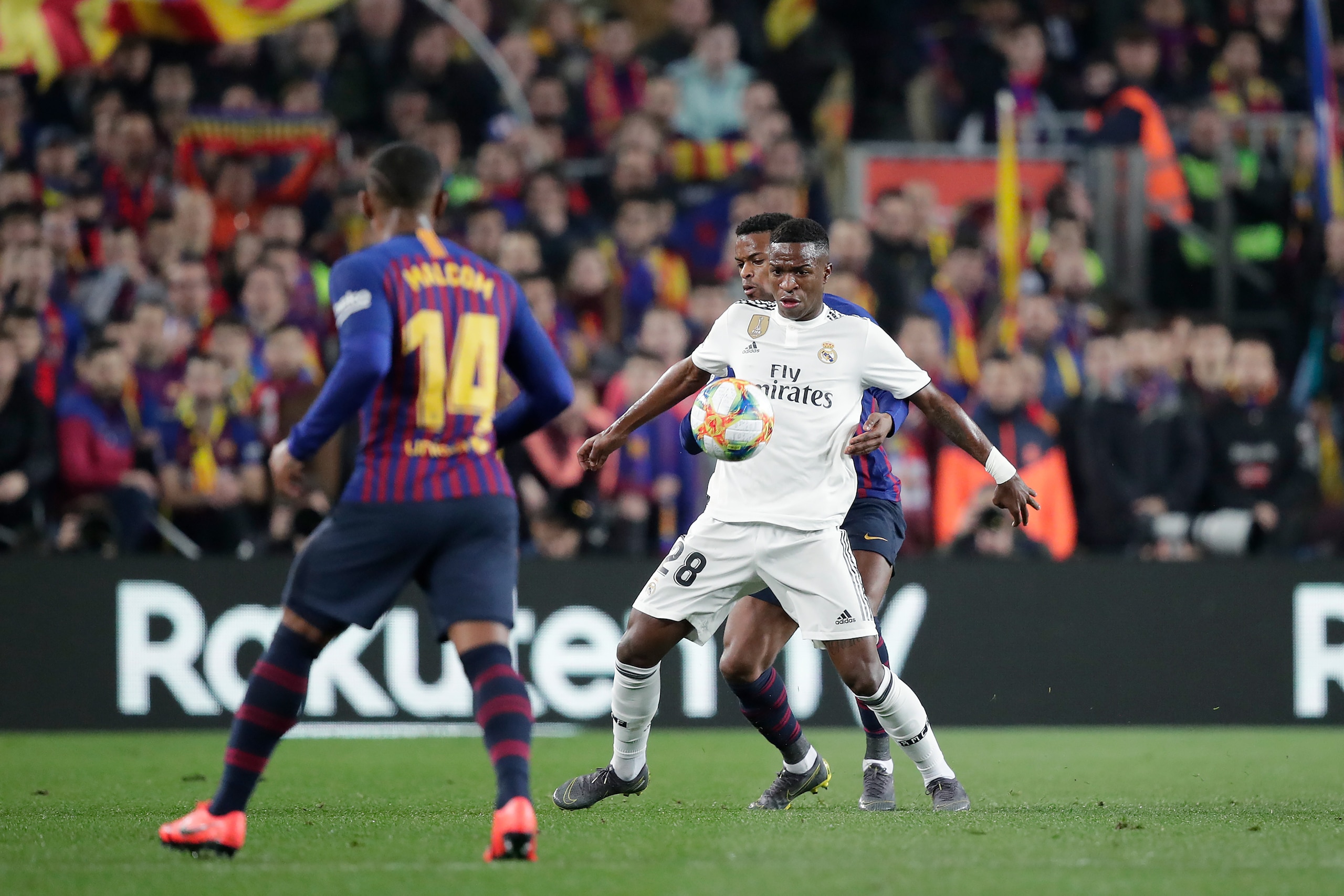 BARCELONA, SPAIN - FEBRUARY 6: (L-R) Vinicius Junior of Real Madrid, Nelson Semedo of FC Barcelona  during the Spanish Copa del Rey  match between FC Barcelona v Real Madrid at the Camp Nou on February 6, 2019 in Barcelona Spain (Photo by David S. Bustama