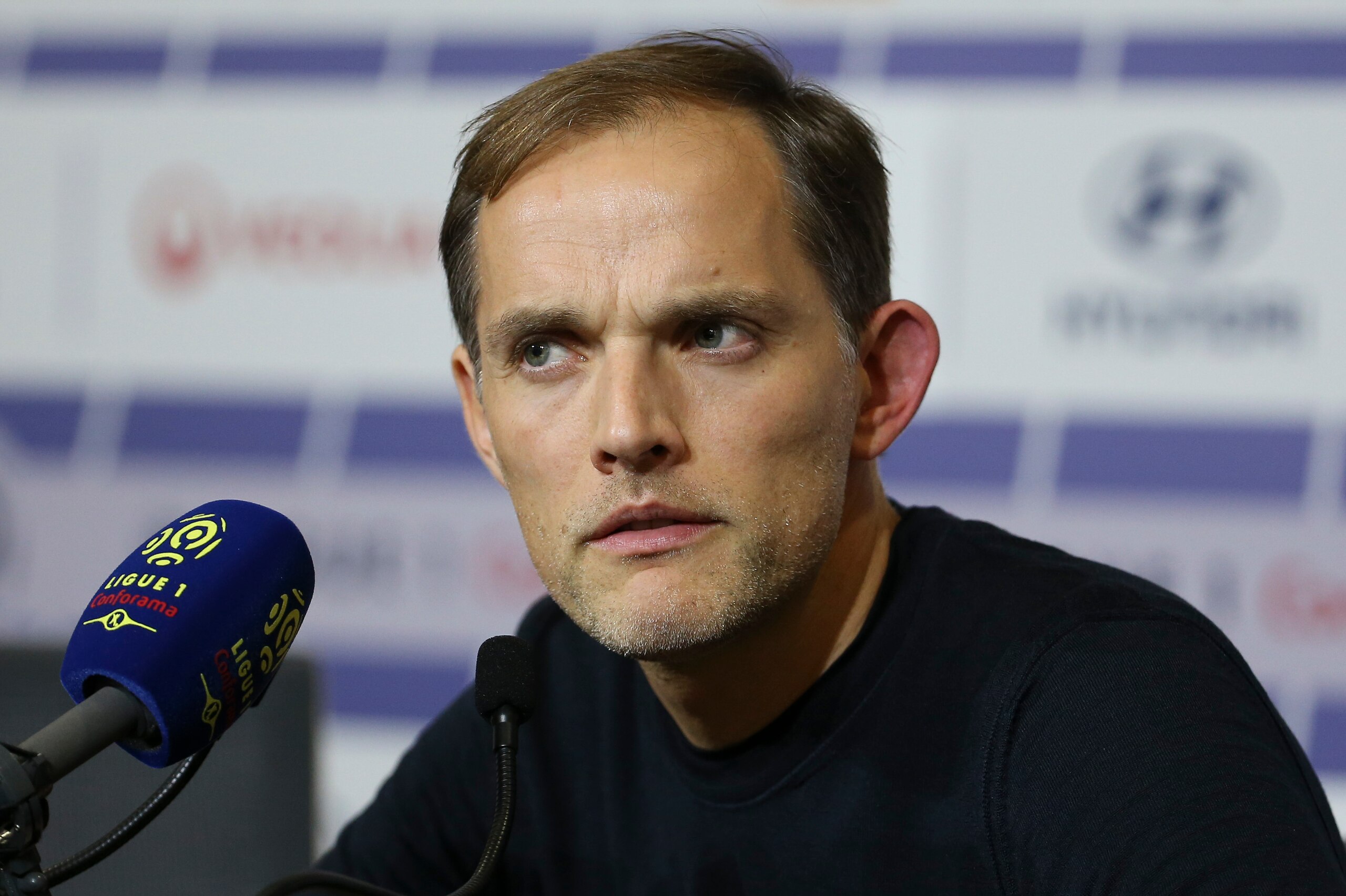 LYON, FRANCE - FEBRUARY 3: Coach of PSG Thomas Tuchel answers to the media following the french Ligue 1 match between Olympique Lyonnais (OL, Lyon) and Paris Saint-Germain (PSG) at Groupama Stadium on February 3, 2019 in Decines near Lyon, France. (Photo LYON, FRANCE - FEBRUARY 3: Coach of PSG Thomas Tuchel answers to the media following the french Ligue 1 match between Olympique Lyonnais (OL, Lyon) and Paris Saint-Germain (PSG) at Groupama Stadium on February 3, 2019 in Decines near Lyon, France. (Photo