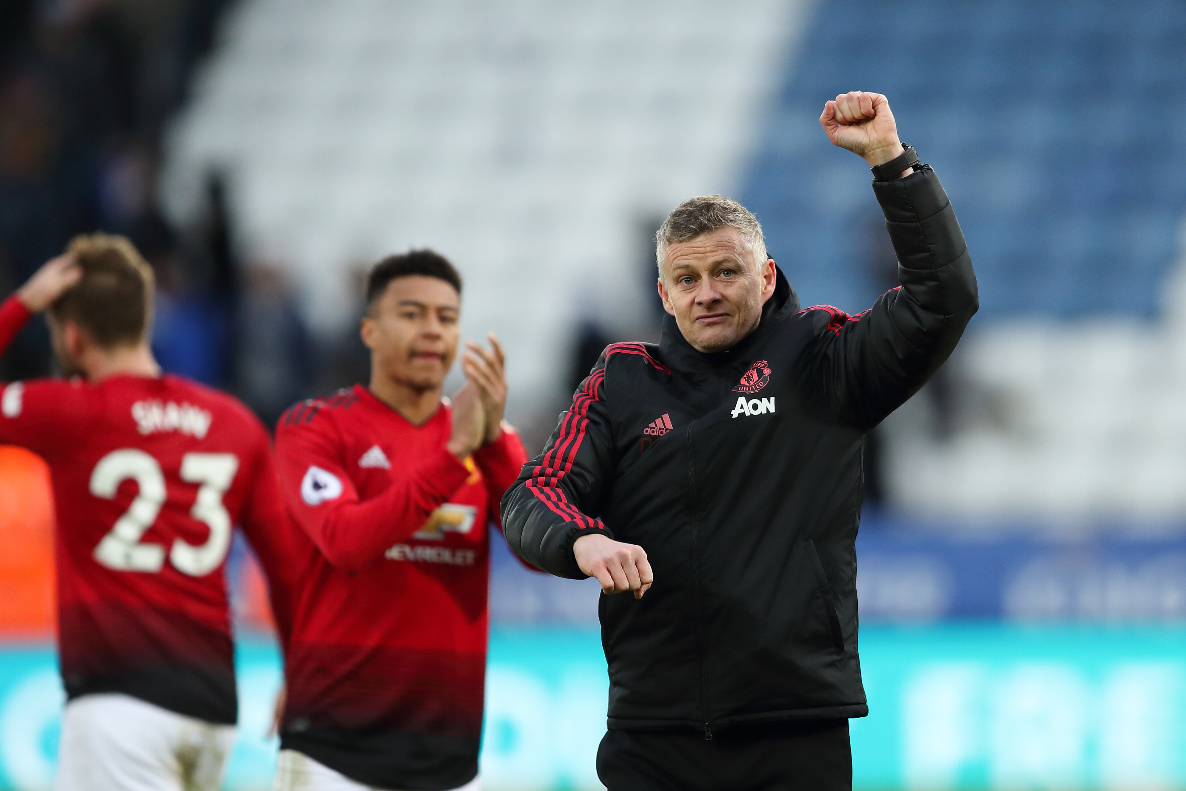 LEICESTER, ENGLAND - FEBRUARY 03: Manchester United Manager \ Head Coach Ole Gunnar Solskjaer at full time of the Premier League match between Leicester City and Manchester United at The King Power Stadium on February 3, 2019 in Leicester, United Kingdom.