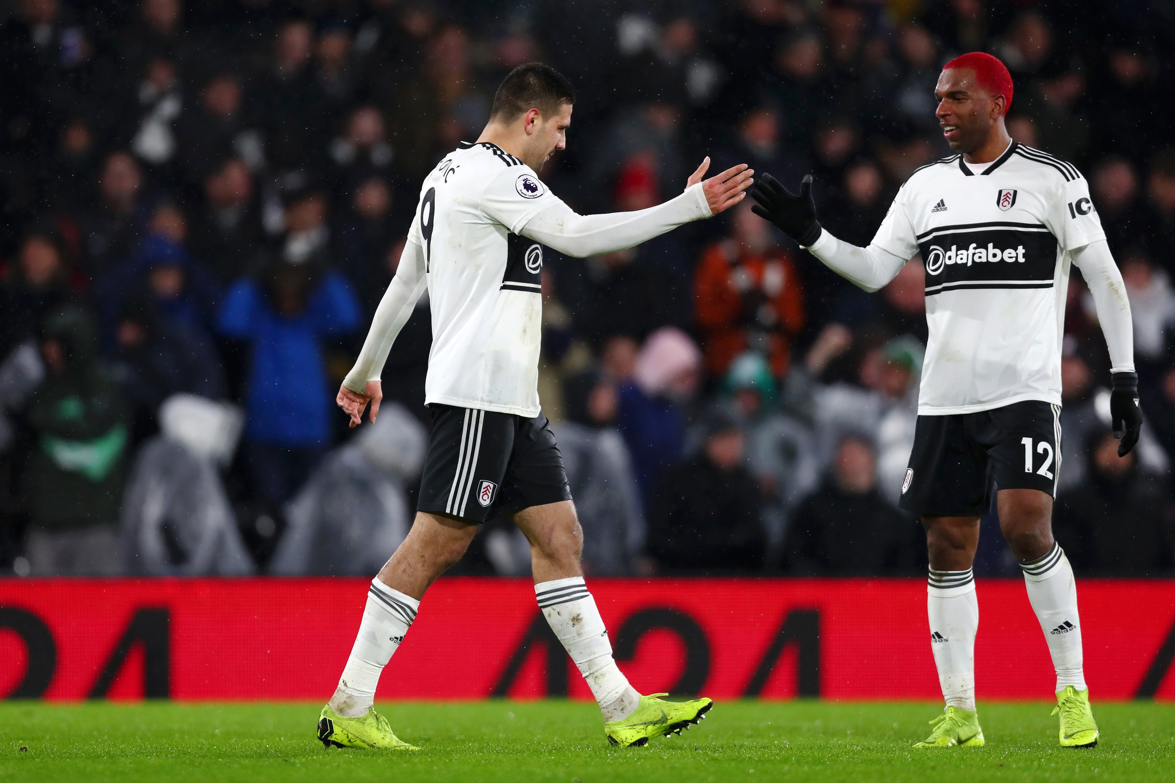 LONDON, ENGLAND - JANUARY 29: Aleksandar Mitrovic of Fulham celebrates after scoring his team's third goal with Ryan Babel of Fulham during the Premier League match between Fulham and Brighton & Hove Albion at Craven Cottage on January 29, 2019 in London,