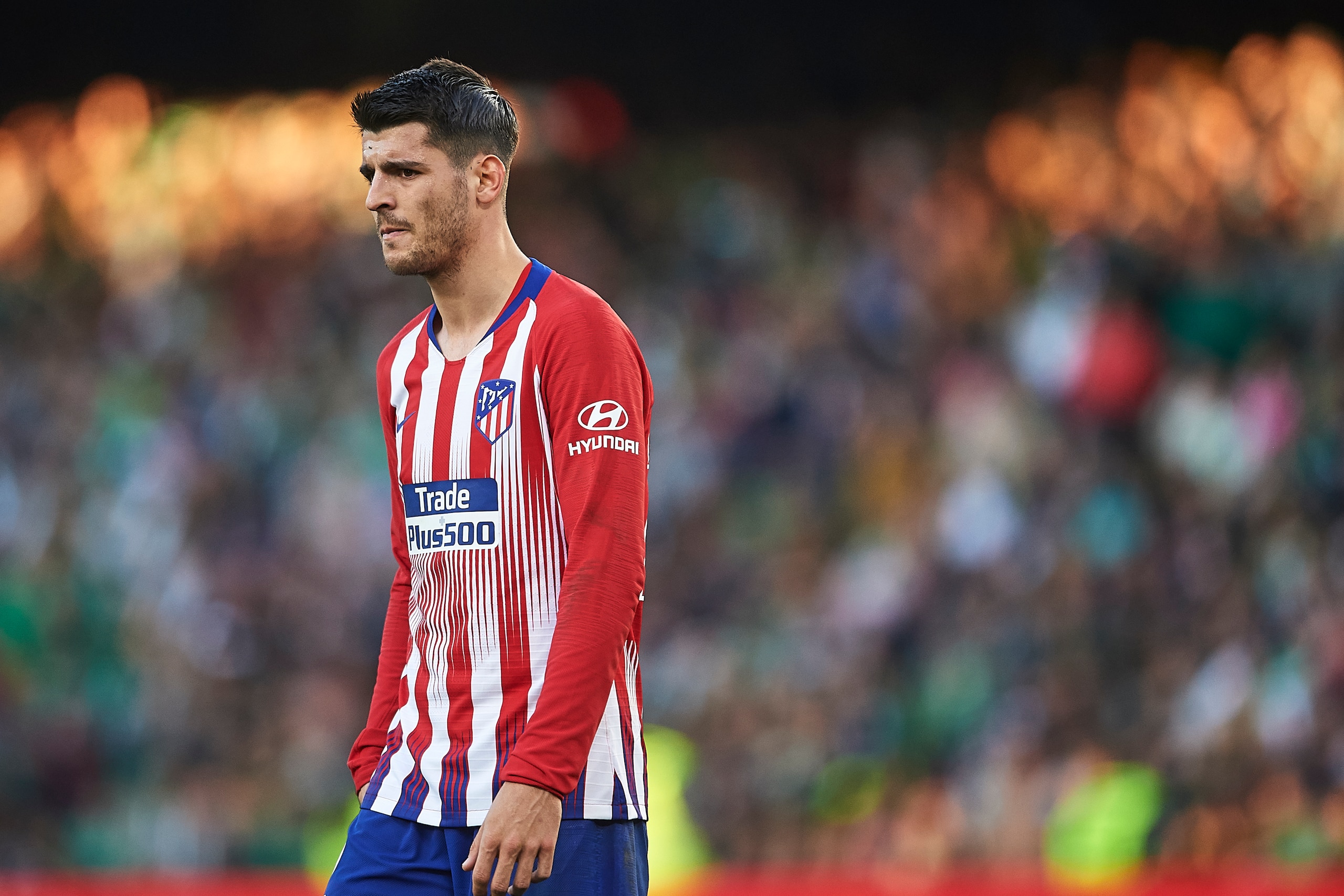 SEVILLE, SPAIN - FEBRUARY 03: Alvaro Morata of Club Atletico de Madrid looks on during the La Liga match between Real Betis Balompie and  Club Atletico de Madrid at Estadio Benito Villamarin on February 03, 2019 in Seville, Spain. (Photo by Aitor Alcalde/