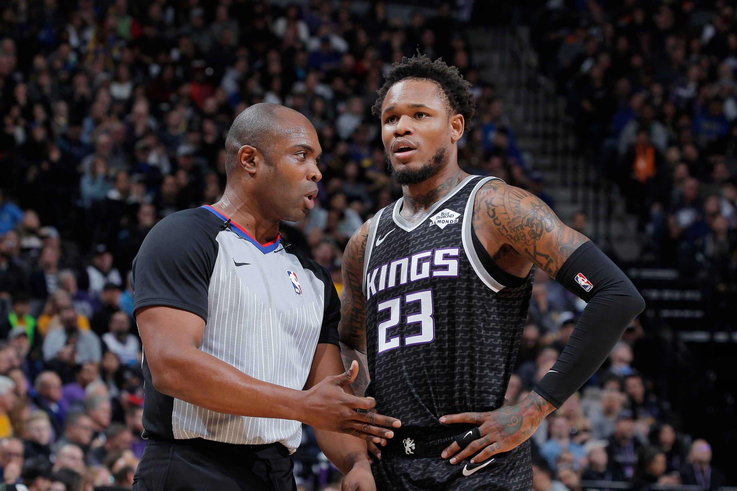SACRAMENTO, CA - JANUARY 5: NBA referee Courtney Kirkland talks to Ben McLemore #23 of the Sacramento Kings on January 5, 2019 at Golden 1 Center in Sacramento, California. NOTE TO USER: User expressly acknowledges and agrees that, by downloading and or u