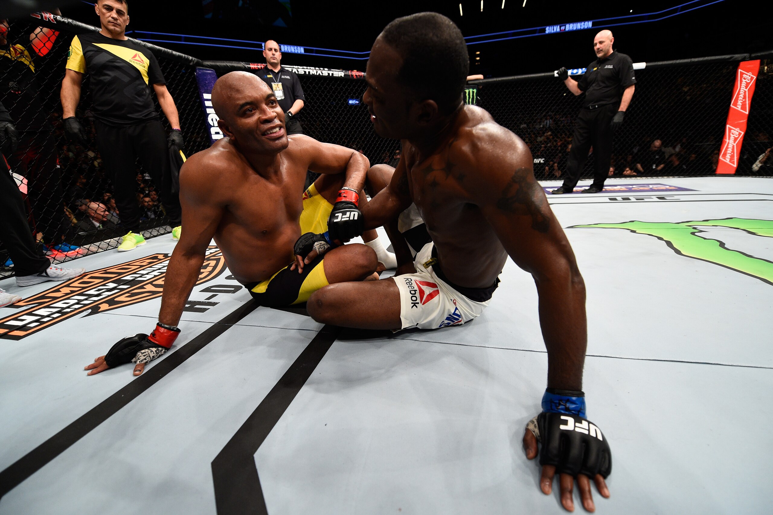 BROOKLYN, NEW YORK - FEBRUARY 11: (L-R) Anderson Silva of Brazil and Derek Brunson embrace after their middleweight bout during the UFC 208 event inside Barclays Center on February 11, 2017 in Brooklyn, New York. (Photo by Jeff Bottari/Zuffa LLC/Zuffa LL BROOKLYN, NEW YORK - FEBRUARY 11: (L-R) Anderson Silva of Brazil and Derek Brunson embrace after their middleweight bout during the UFC 208 event inside Barclays Center on February 11, 2017 in Brooklyn, New York. (Photo by Jeff Bottari/Zuffa LLC/Zuffa LL