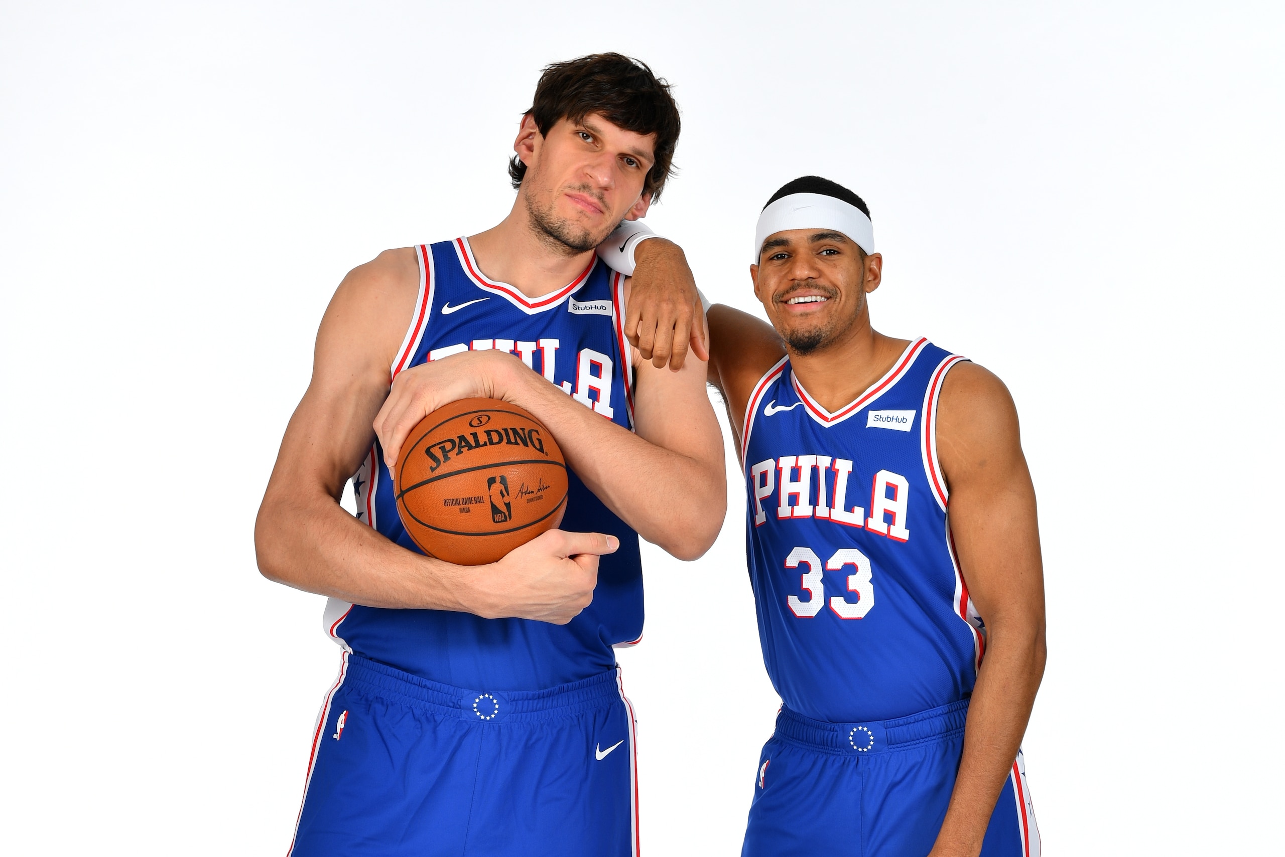 CAMDEN, NJ - FEBRUARY 7: Boban Marjanovic #51 and Tobias Harris #33 of the Philadelphia 76ers pose for a portrait on February 7, 2019 at the Philadelphia 76ers Training Complex in Camden, New Jersey. NOTE TO USER: User expressly acknowledges and agrees th CAMDEN, NJ - FEBRUARY 7: Boban Marjanovic #51 and Tobias Harris #33 of the Philadelphia 76ers pose for a portrait on February 7, 2019 at the Philadelphia 76ers Training Complex in Camden, New Jersey. NOTE TO USER: User expressly acknowledges and agrees th