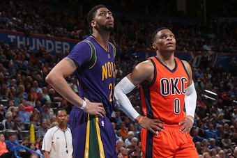 OKLAHOMA CITY, OK - FEBRUARY 26: Anthony Davis #23 of the New Orleans Pelicans and Russell Westbrook #0 of the Oklahoma City Thunder looks on during the game on February 26, 2017 at the Chesapeake Energy Arena in Oklahoma City, Oklahoma. NOTE TO USER: Use