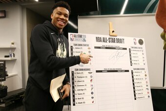 MILWAUKEE, WI - FEBRUARY 7:  Giannis Antetokounmpo #34 of the Milwaukee Bucks presents his All-Star team during the 2019 All-Star Draft on February 7, 2019 at the Fiserv Forum Center in Milwaukee, Wisconsin. NOTE TO USER: User expressly acknowledges and a
