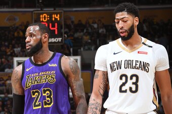 LOS ANGELES, CA - DECEMBER 21: LeBron James #23 of the Los Angeles Lakers and Anthony Davis #23 of the New Orleans Pelicans are seen during the game on December 21, 2018 at STAPLES Center in Los Angeles, California. NOTE TO USER: User expressly acknowledg