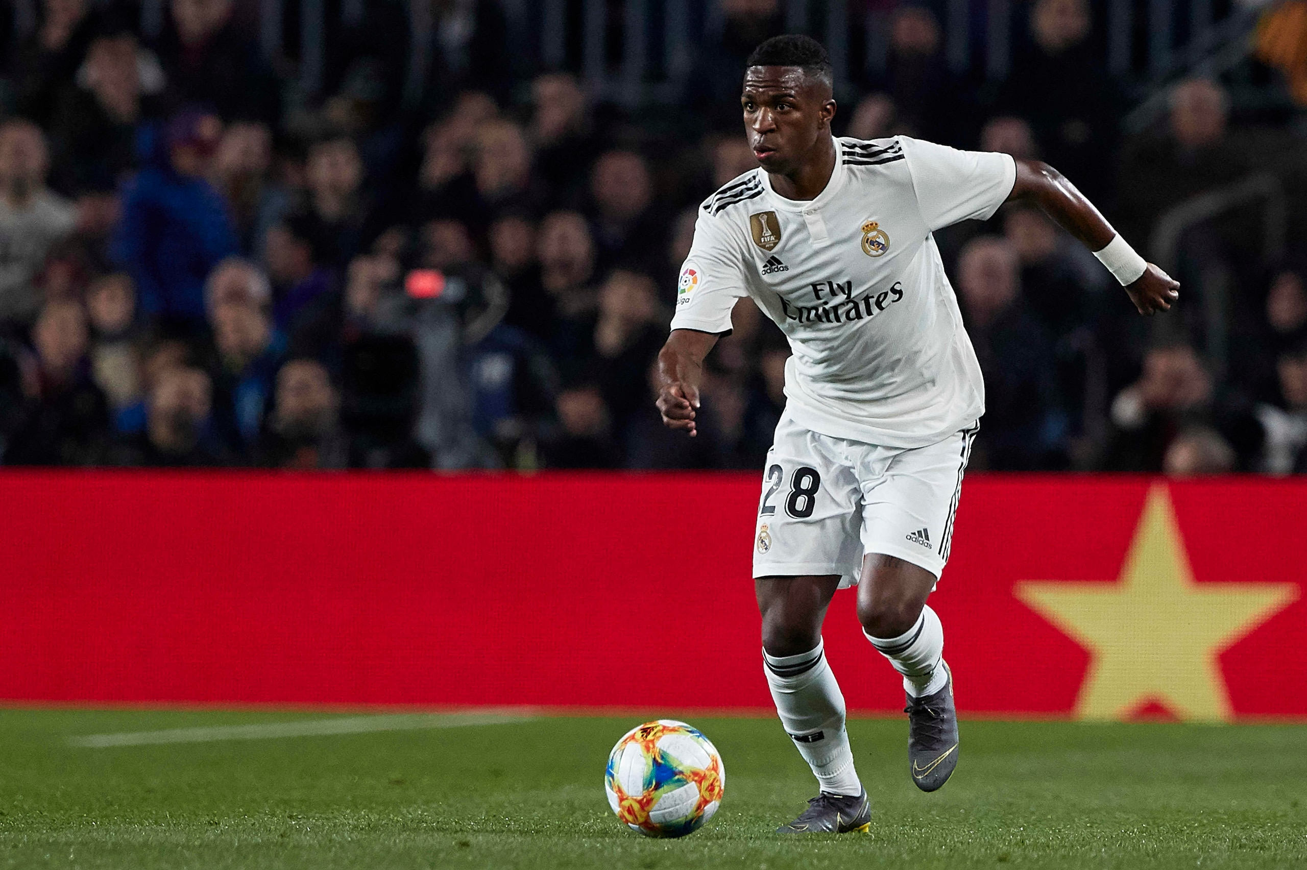 BARCELONA, SPAIN - FEBRUARY 06: Vinicius Junior of Real Madrid in action during the Copa del Rey Semi Final first leg match between FC Barcelona and Real Madrid at Nou Camp on February 06, 2019 in Barcelona, Spain. (Photo by Quality Sport Images/Getty Ima