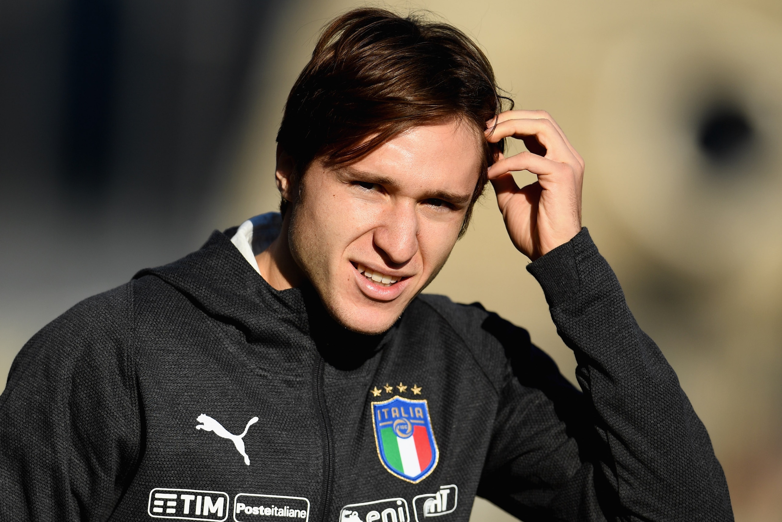FLORENCE, ITALY - FEBRUARY 04:  Federico Chiesa of Italy in action during a training session at Centro Tecnico Federale di Coverciano on February 4, 2019 in Florence, Italy.  (Photo by Claudio Villa/Getty Images)