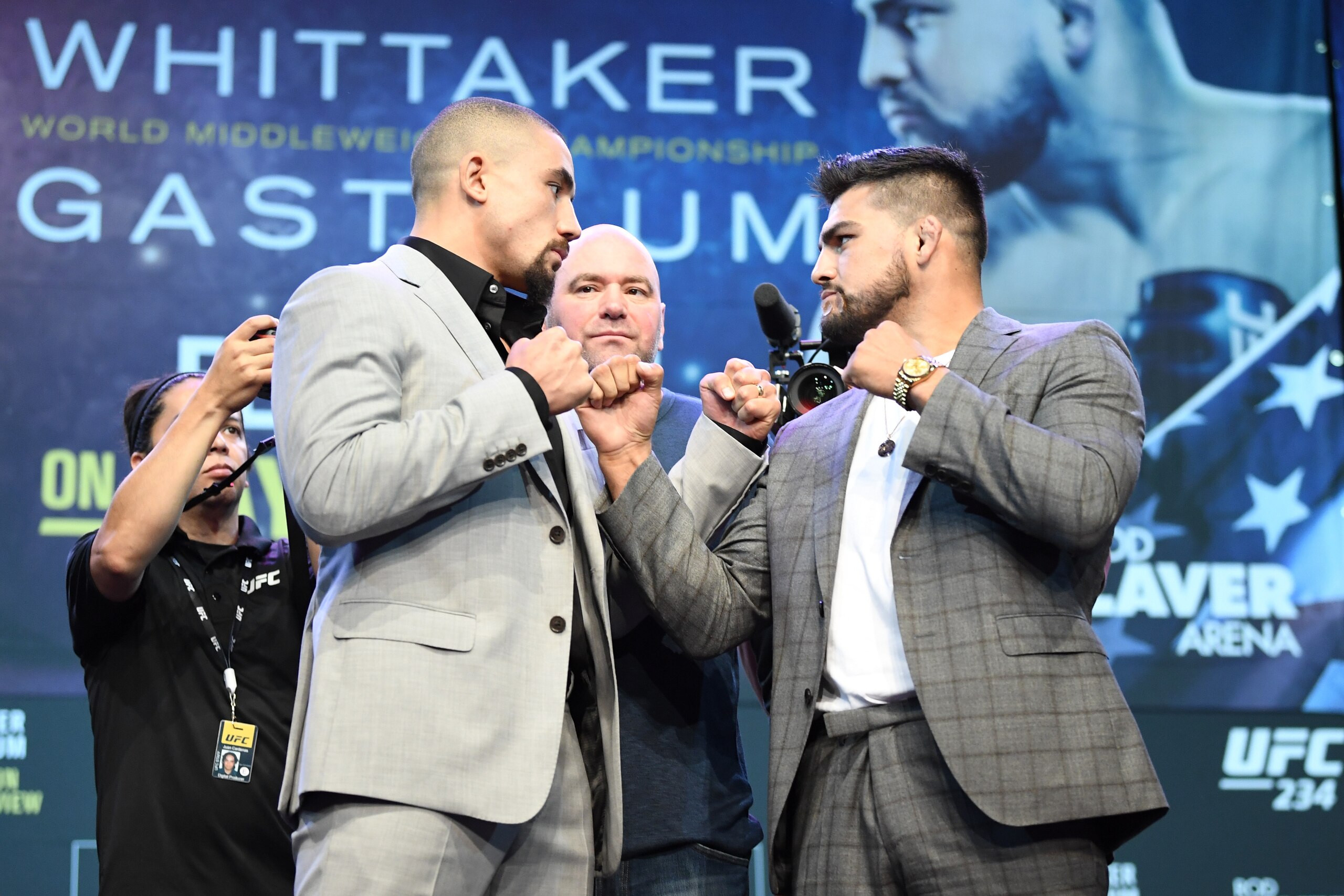 MELBOURNE, AUSTRALIA - FEBRUARY 8:  (L-R) UFC middleweight champion Robert Whittaker of Australia and Kelvin Gastelum of the United States face off during the UFC 234 Press Conference inside The Palms at Crown on February 8, 2019 in Melbourne, Australia. 