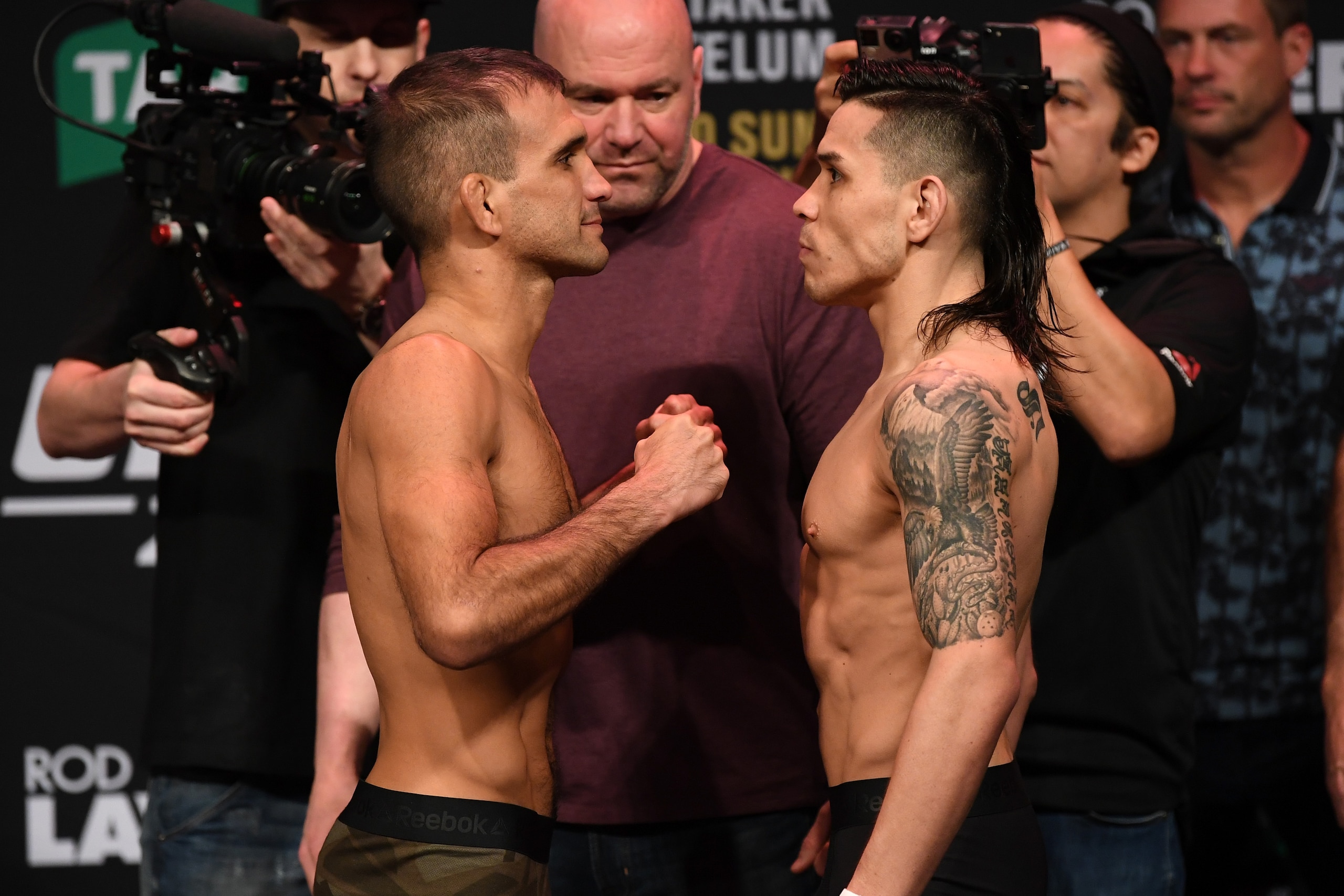 MELBOURNE, AUSTRALIA - FEBRUARY 09:  (L-R) Rani Yahya of Brazil and Ricky Simon face off during the UFC 234 weigh-in at Rod Laver Arena on February 09, 2019 in the Melbourne Australia. (Photo by Jeff Bottari/Zuffa LLC/Zuffa LLC via Getty Images)