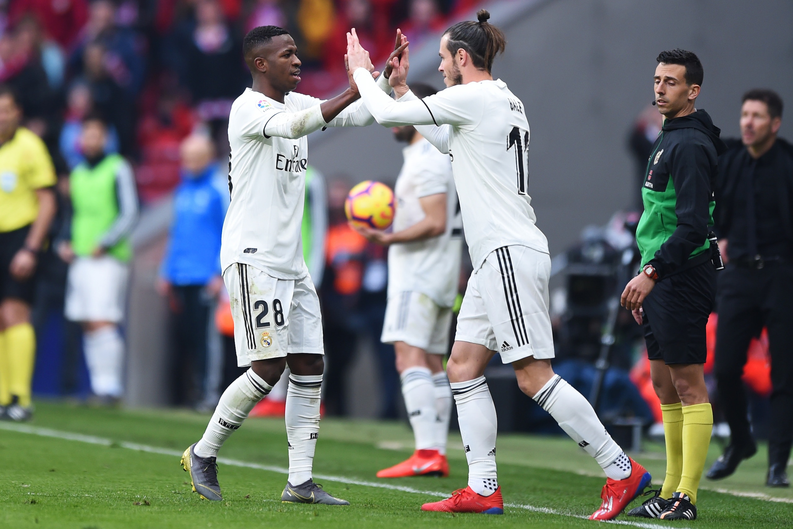 MADRID, SPAIN - FEBRUARY 09: Gareth Bale of Real Madrid repalces Vinicius Junior as a substitute during the La Liga match between Club Atletico de Madrid and Real Madrid CF at Wanda Metropolitano on February 09, 2019 in Madrid, Spain. (Photo by Denis Doyl