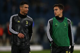ROME, ITALY - JANUARY 27: Cristiano Ronaldo of Juventus, Paulo Dybala of Juventus  during the Italian Serie A   match between Lazio v Juventus at the Stadio Olimpico Rome on January 27, 2019 in Rome Italy (Photo by Danilo Di Giovanni/Soccrates/Getty Image