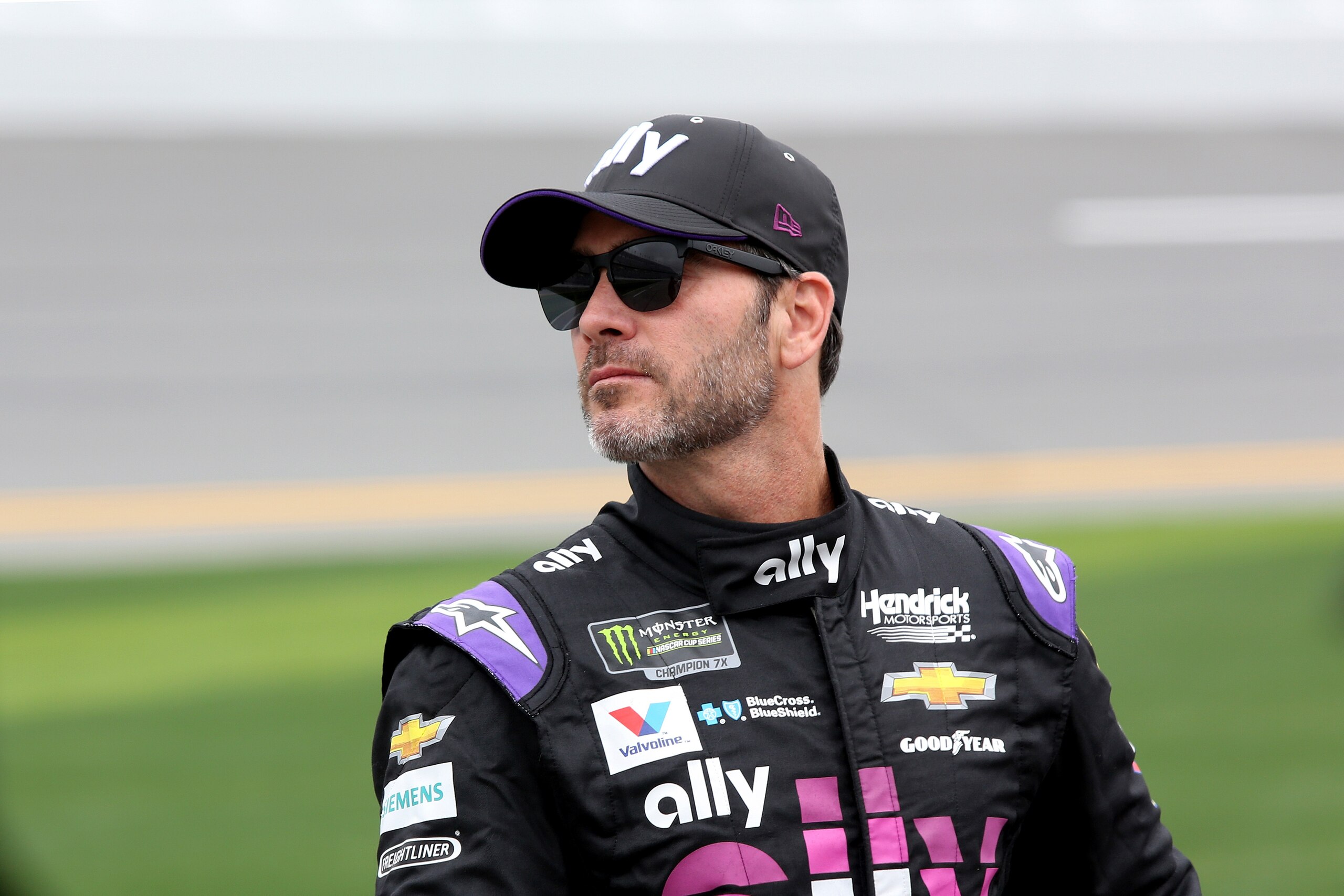 DAYTONA BEACH, FL - FEBRUARY 10:  Jimmie Johnson, driver of the #48 Ally Chevrolet, stands on the grid during qualifying for the Monster Energy NASCAR Cup Series 61st Annual Daytona 500 at Daytona International Speedway on February 10, 2019 in Daytona Bea