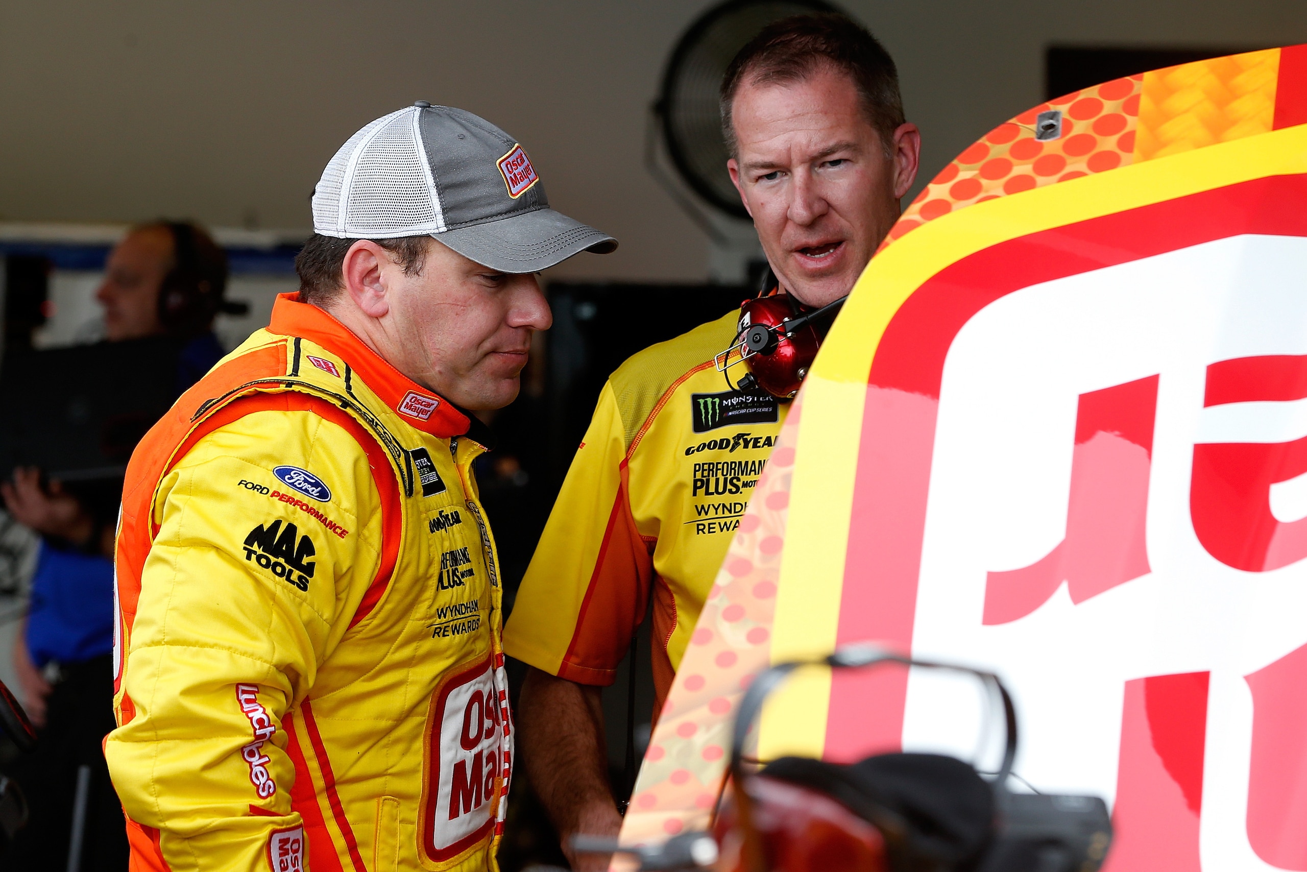 DAYTONA BEACH, FL - FEBRUARY 09:  Ryan Newman, driver of the #6 Oscar Mayer Deli Fresh Ford, stands in the garage area  during practice for the Monster Energy NASCAR Cup Series 61st Annual Daytona 500 at Daytona International Speedway on February 9, 2019 
