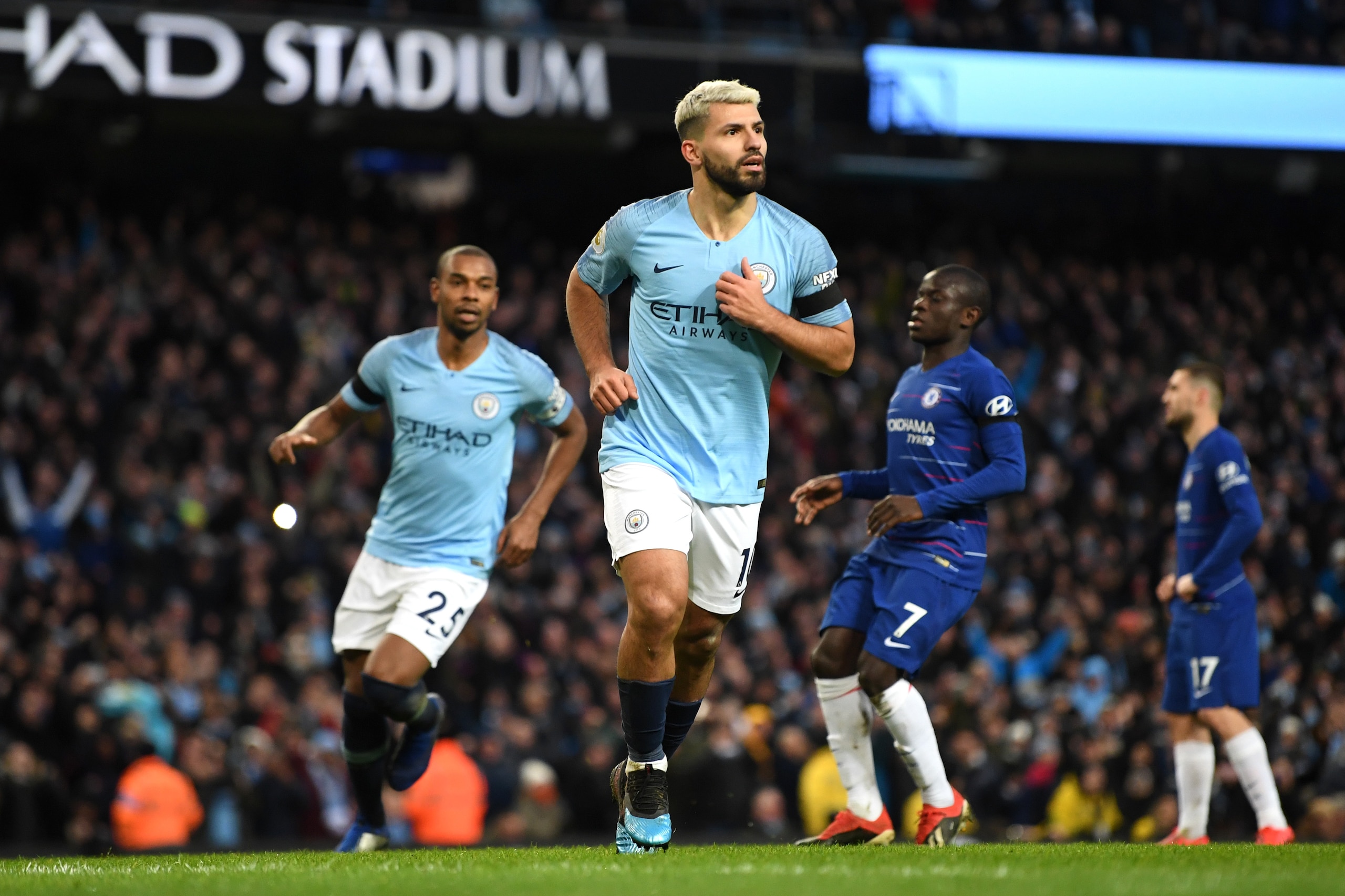 MANCHESTER, ENGLAND - FEBRUARY 10: Sergio Aguero of Manchester City celebrates after scoring his team's fifth goal during the Premier League match between Manchester City and Chelsea FC at Etihad Stadium on February 10, 2019 in Manchester, United Kingdom MANCHESTER, ENGLAND - FEBRUARY 10: Sergio Aguero of Manchester City celebrates after scoring his team's fifth goal during the Premier League match between Manchester City and Chelsea FC at Etihad Stadium on February 10, 2019 in Manchester, United Kingdom
