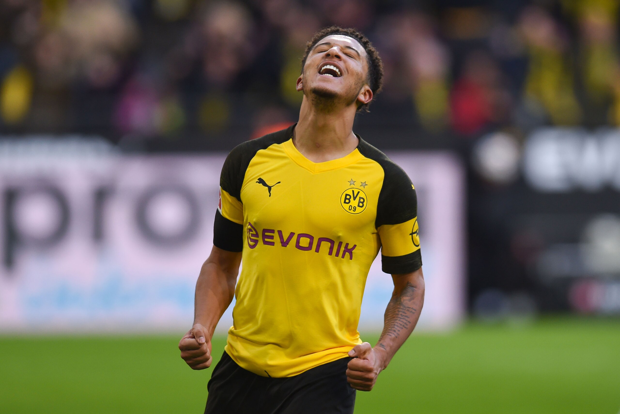 Dortmund's English midfielder Jadon Sancho celebrates after scoring during the German first division Bundesliga football match Borussia Dortmund v Hoffenheim in Dortmund, western Germany, on February 9, 2019. (Photo by Patrik STOLLARZ / AFP) / RESTRICTION Dortmund's English midfielder Jadon Sancho celebrates after scoring during the German first division Bundesliga football match Borussia Dortmund v Hoffenheim in Dortmund, western Germany, on February 9, 2019. (Photo by Patrik STOLLARZ / AFP) / RESTRICTION
