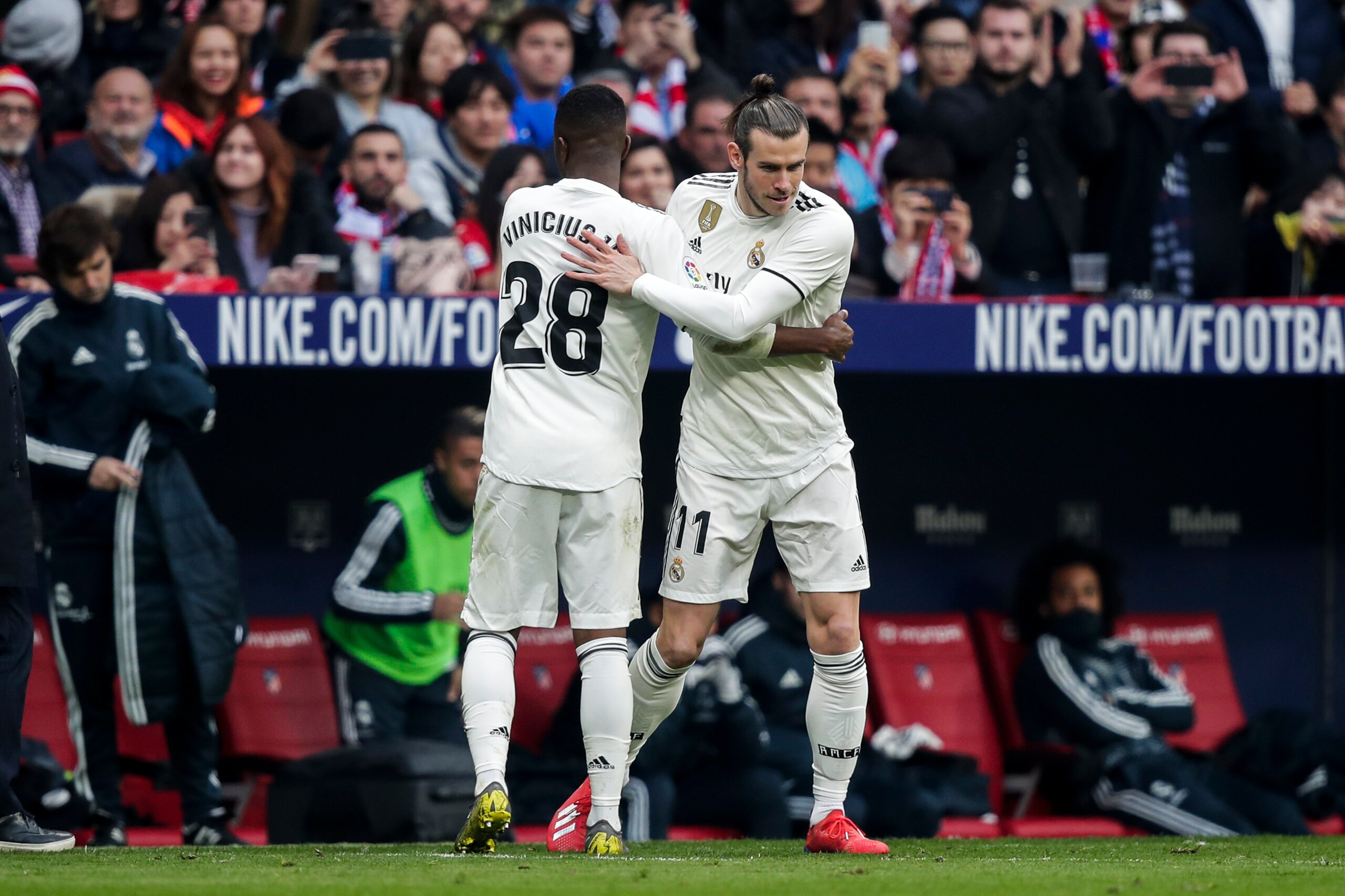 MADRID, SPAIN - FEBRUARY 9: (L-R) Vinicius Junior of Real Madrid, Gareth Bale of Real Madrid during the La Liga Santander match between Atletico Madrid v Real Madrid at the Estadio Wanda Metropolitano on February 9, 2019 in Madrid Spain (Photo by David S MADRID, SPAIN - FEBRUARY 9: (L-R) Vinicius Junior of Real Madrid, Gareth Bale of Real Madrid during the La Liga Santander match between Atletico Madrid v Real Madrid at the Estadio Wanda Metropolitano on February 9, 2019 in Madrid Spain (Photo by David S