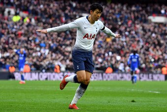 LONDON, ENGLAND - FEBRUARY 10:  Heung-Min Son of Tottenham Hotspur celebrates scoring his teams third goal during the Premier League match between Tottenham Hotspur and Leicester City at Wembley Stadium on February 10, 2019 in London, United Kingdom. (Pho