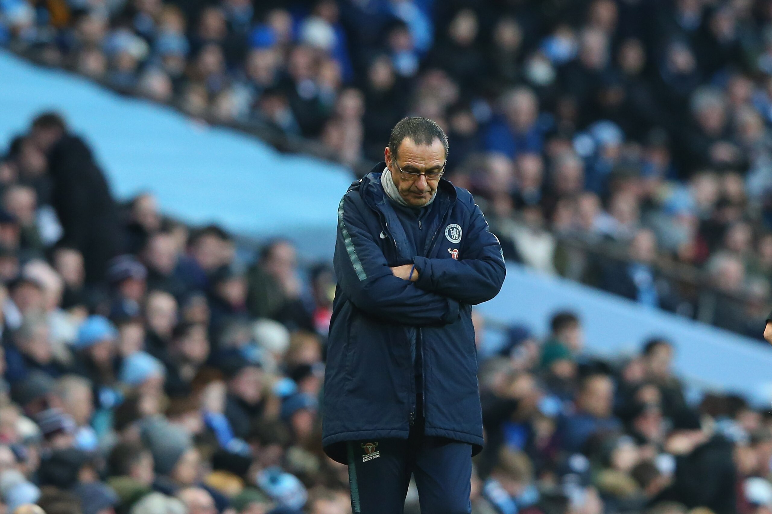 MANCHESTER, ENGLAND - FEBRUARY 10: Maurizio Sarri the manager of Chelsea looks dejected during the Premier League match between Manchester City and Chelsea FC at Etihad Stadium on February 10, 2019 in Manchester, United Kingdom. (Photo by Alex Livesey - MANCHESTER, ENGLAND - FEBRUARY 10: Maurizio Sarri the manager of Chelsea looks dejected during the Premier League match between Manchester City and Chelsea FC at Etihad Stadium on February 10, 2019 in Manchester, United Kingdom. (Photo by Alex Livesey -
