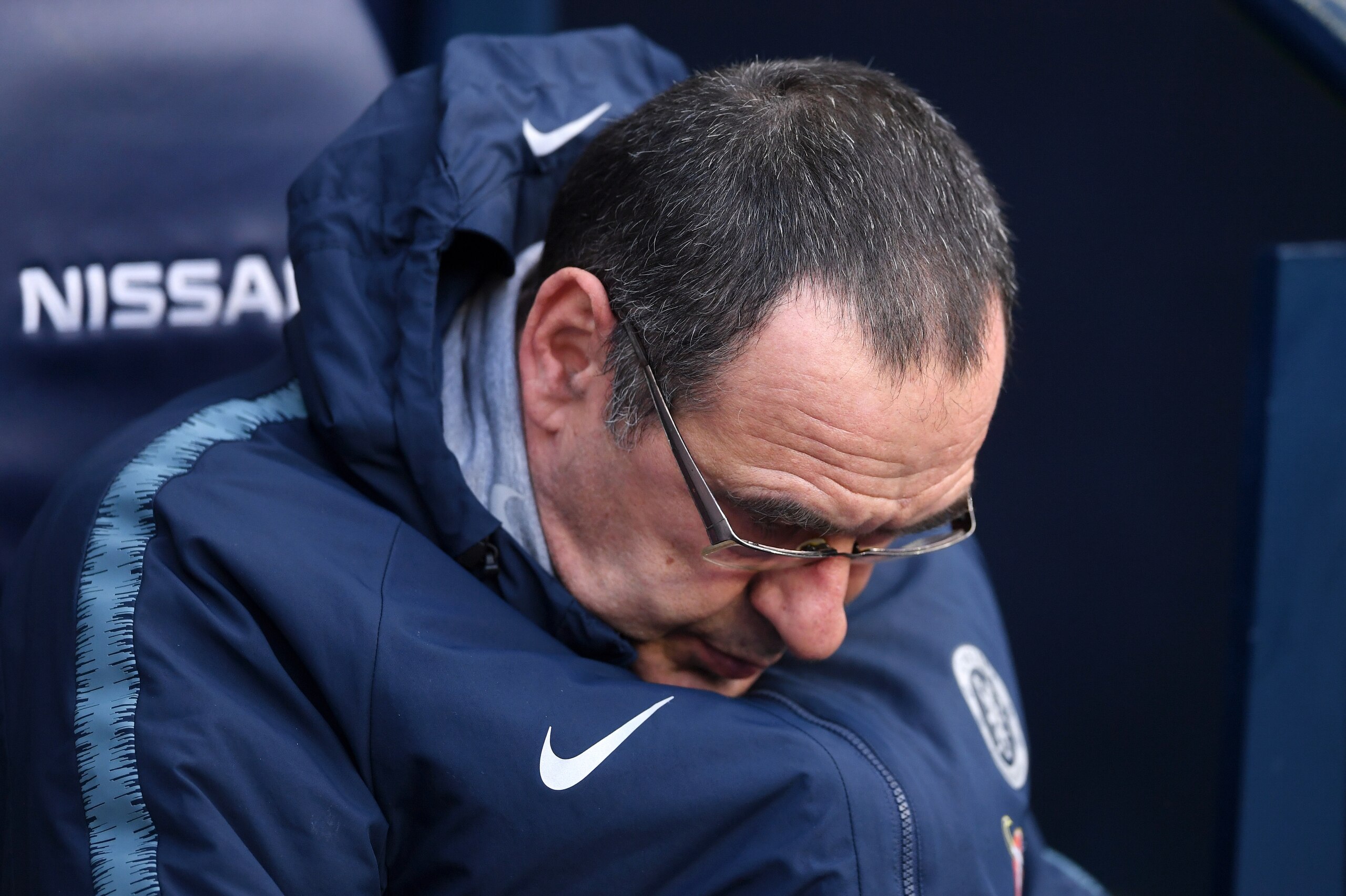 MANCHESTER, ENGLAND - FEBRUARY 10: Maurizio Sarri, Manager of Chelsea looks on prior to the Premier League match between Manchester City and Chelsea FC at Etihad Stadium on February 10, 2019 in Manchester, United Kingdom. (Photo by Laurence Griffiths/Ge MANCHESTER, ENGLAND - FEBRUARY 10: Maurizio Sarri, Manager of Chelsea looks on prior to the Premier League match between Manchester City and Chelsea FC at Etihad Stadium on February 10, 2019 in Manchester, United Kingdom. (Photo by Laurence Griffiths/Ge