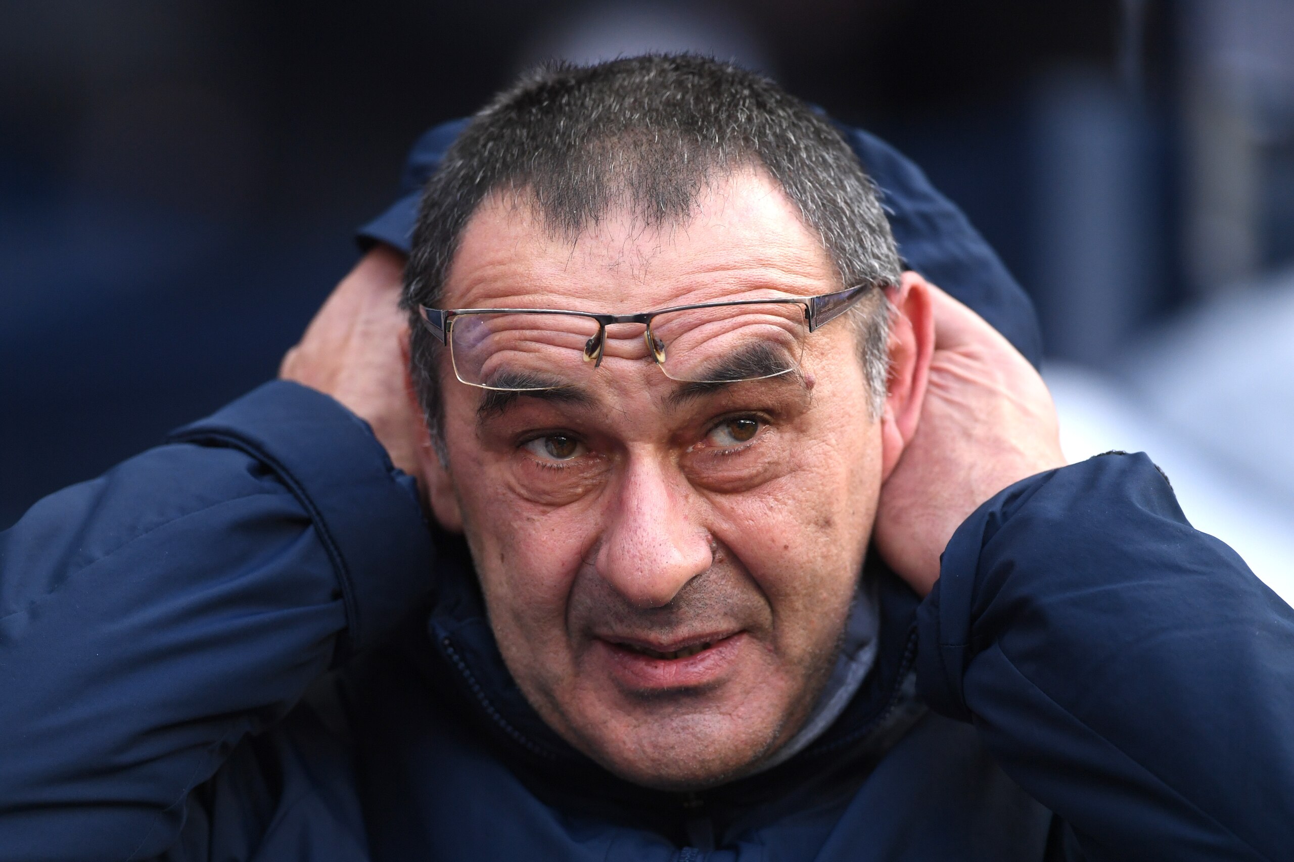 MANCHESTER, ENGLAND - FEBRUARY 10:  Maurizio Sarri, Manager of Chelsea looks on prior to the Premier League match between Manchester City and Chelsea FC at Etihad Stadium on February 10, 2019 in Manchester, United Kingdom.  (Photo by Laurence Griffiths/Ge