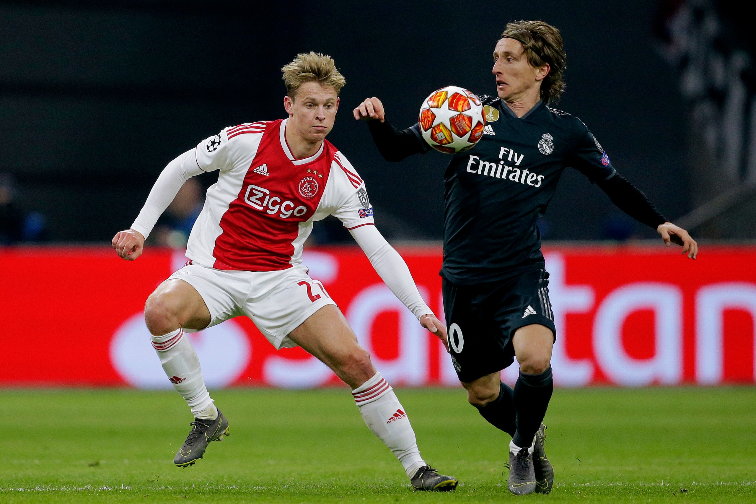 AMSTERDAM, NETHERLANDS - FEBRUARY 13: (L-R) Frenkie de Jong of Ajax, Luka Modric of Real Madrid during the UEFA Champions League match between Ajax v Real Madrid at the Johan Cruijff Arena on February 13, 2019 in Amsterdam Netherlands (Photo by Erwin Sp AMSTERDAM, NETHERLANDS - FEBRUARY 13: (L-R) Frenkie de Jong of Ajax, Luka Modric of Real Madrid during the UEFA Champions League match between Ajax v Real Madrid at the Johan Cruijff Arena on February 13, 2019 in Amsterdam Netherlands (Photo by Erwin Sp