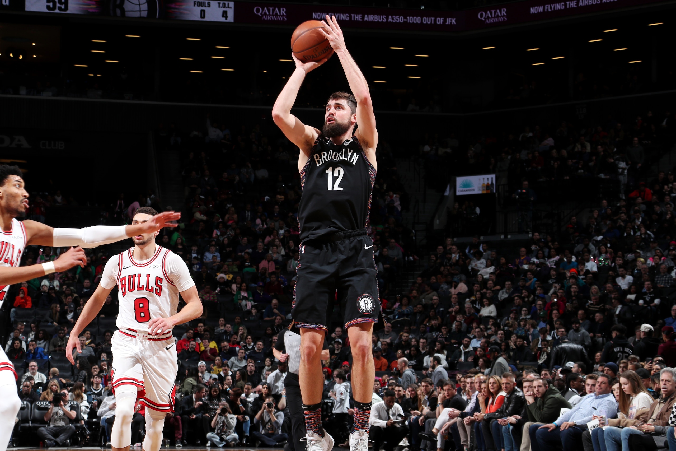 BROOKLYN, NY - FEBRUARY 8: Joe Harris #12 of the Brooklyn Nets shoots the ball against the Chicago Bulls  on February 8, 2019 at Barclays Center in Brooklyn, New York. NOTE TO USER: User expressly acknowledges and agrees that, by downloading and or using 
