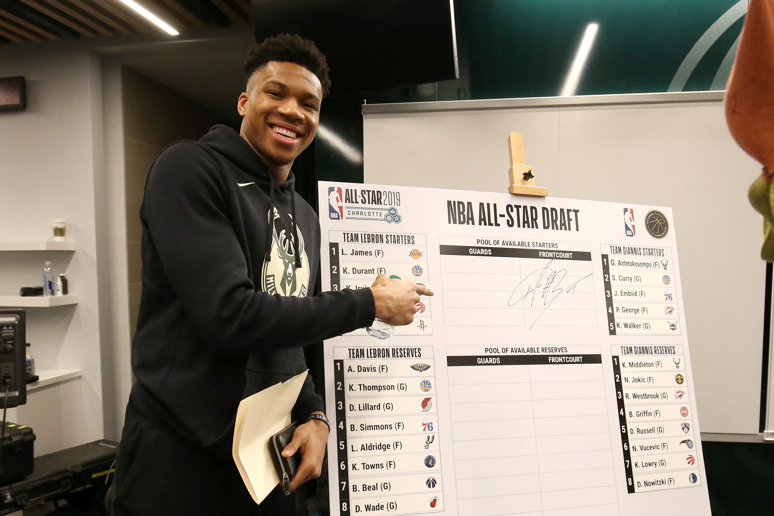 MILWAUKEE, WI - FEBRUARY 7:  Giannis Antetokounmpo #34 of the Milwaukee Bucks presents his All-Star team during the 2019 All-Star Draft on February 7, 2019 at the Fiserv Forum Center in Milwaukee, Wisconsin. NOTE TO USER: User expressly acknowledges and a