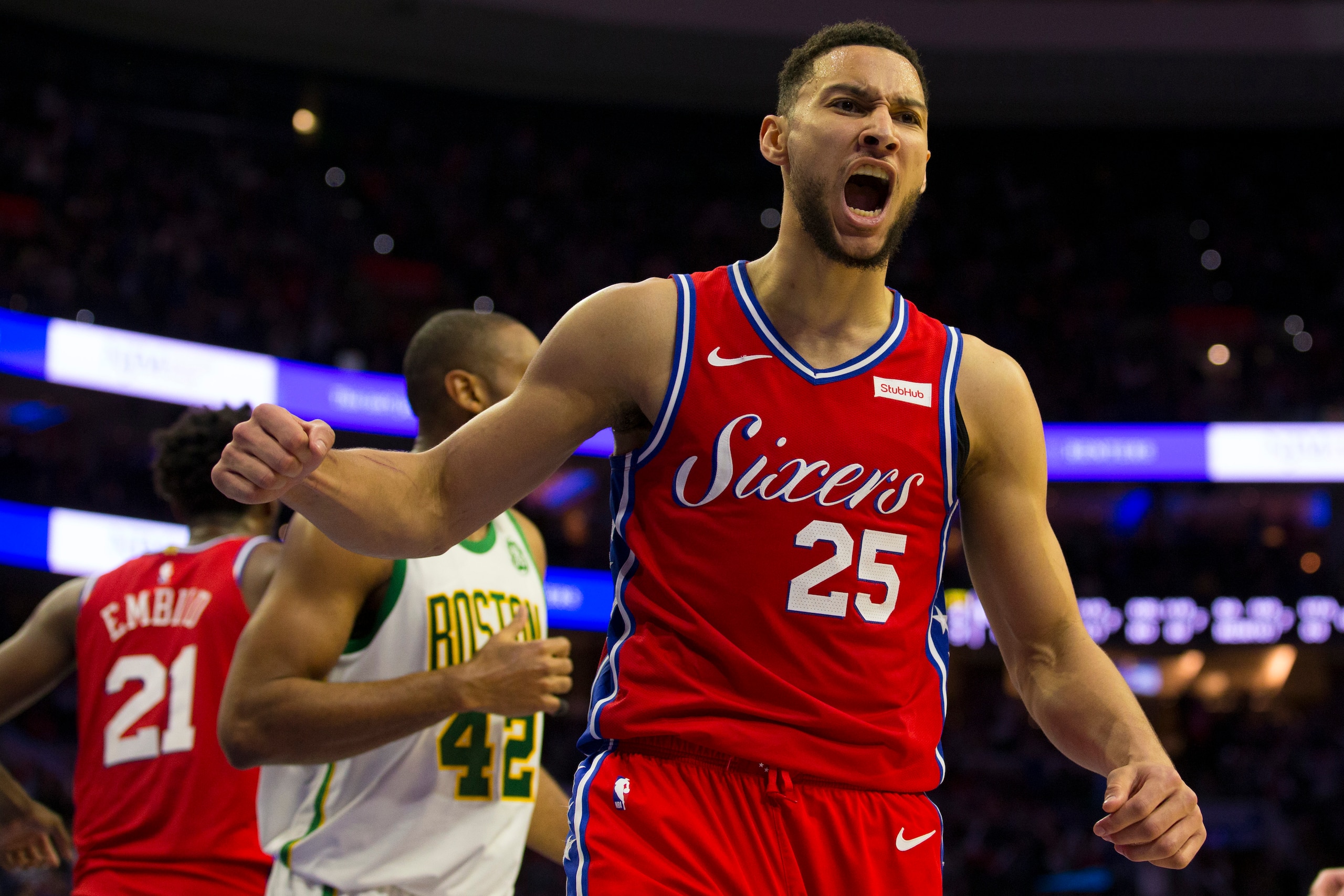 PHILADELPHIA, PA - FEBRUARY 12: Ben Simmons #25 of the Philadelphia 76ers reacts in front of Al Horford #42 of the Boston Celtics after making a basket and getting fouled in the fourth quarter at the Wells Fargo Center on February 12, 2019 in Philadelphia
