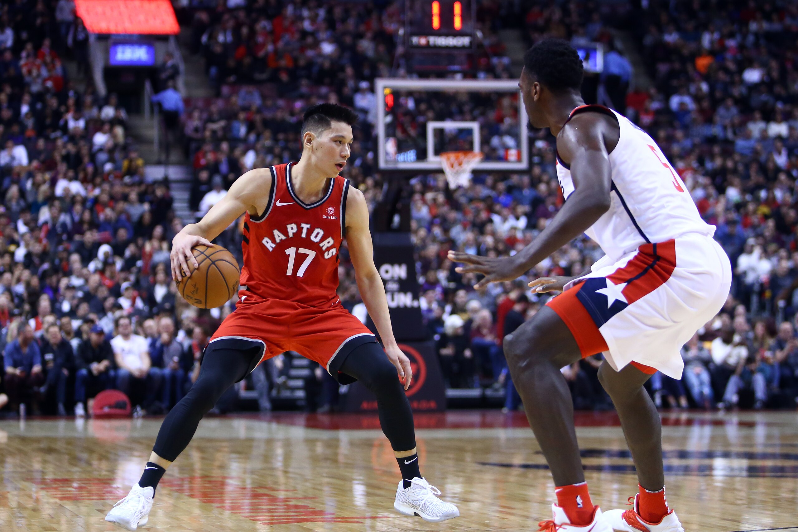 TORONTO, ON - FEBRUARY 13:  Jeremy Lin #17 of the Toronto Raptors dribbles the ball during the second half of an NBA game against the Washington Wizards at Scotiabank Arena on February 13, 2019 in Toronto, Canada.  NOTE TO USER: User expressly acknowledge