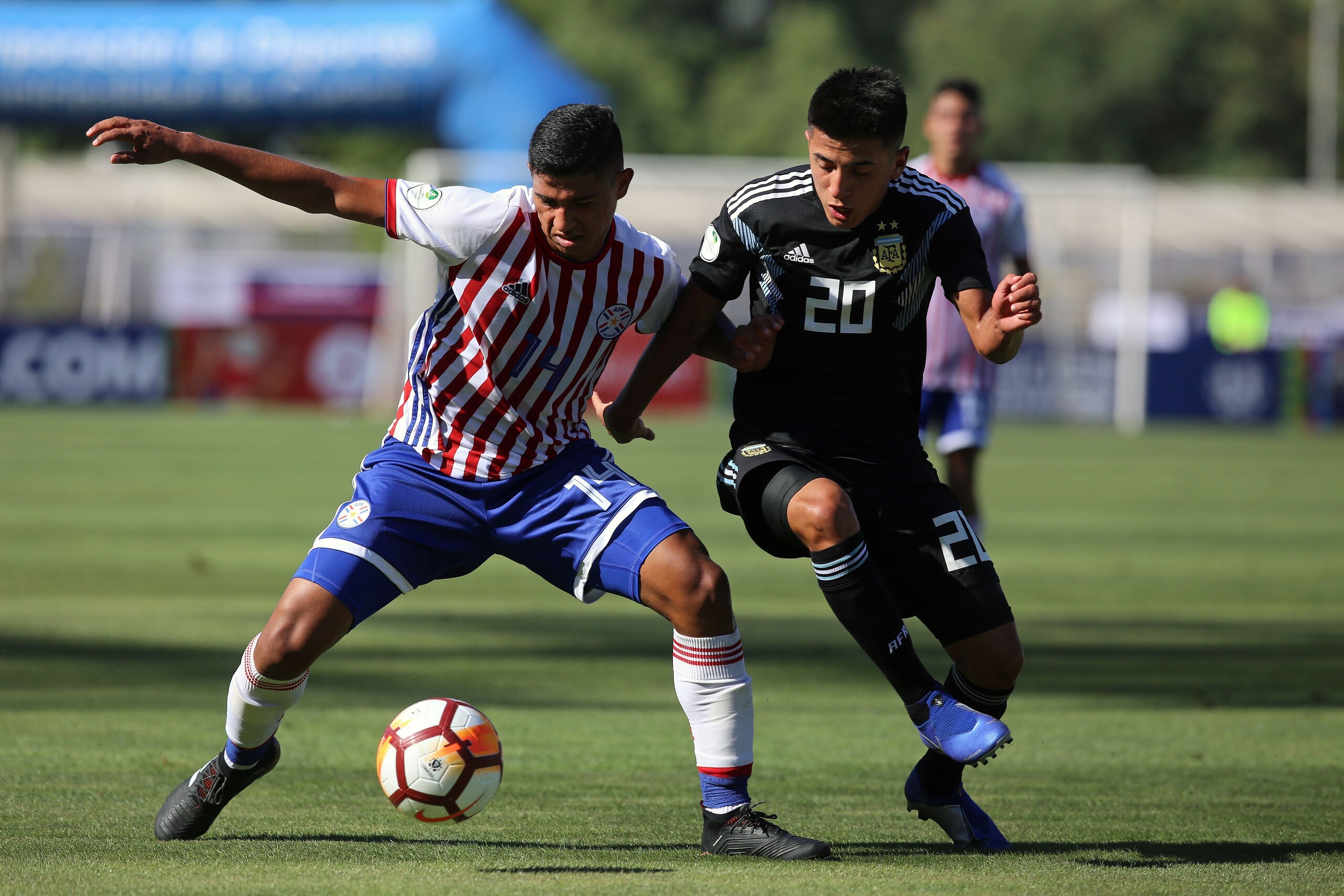 Paraguay's Marcelo Rolon (L) vies for the ball with Argentina's Thiago Almada (R) during their South American U-20 football match at La Granja stadium in Curico, Chile, on January 20, 2019. (Photo by CLAUDIO REYES / AFP) (Photo credit should read C Paraguay's Marcelo Rolon (L) vies for the ball with Argentina's Thiago Almada (R) during their South American U-20 football match at La Granja stadium in Curico, Chile, on January 20, 2019. (Photo by CLAUDIO REYES / AFP) (Photo credit should read C