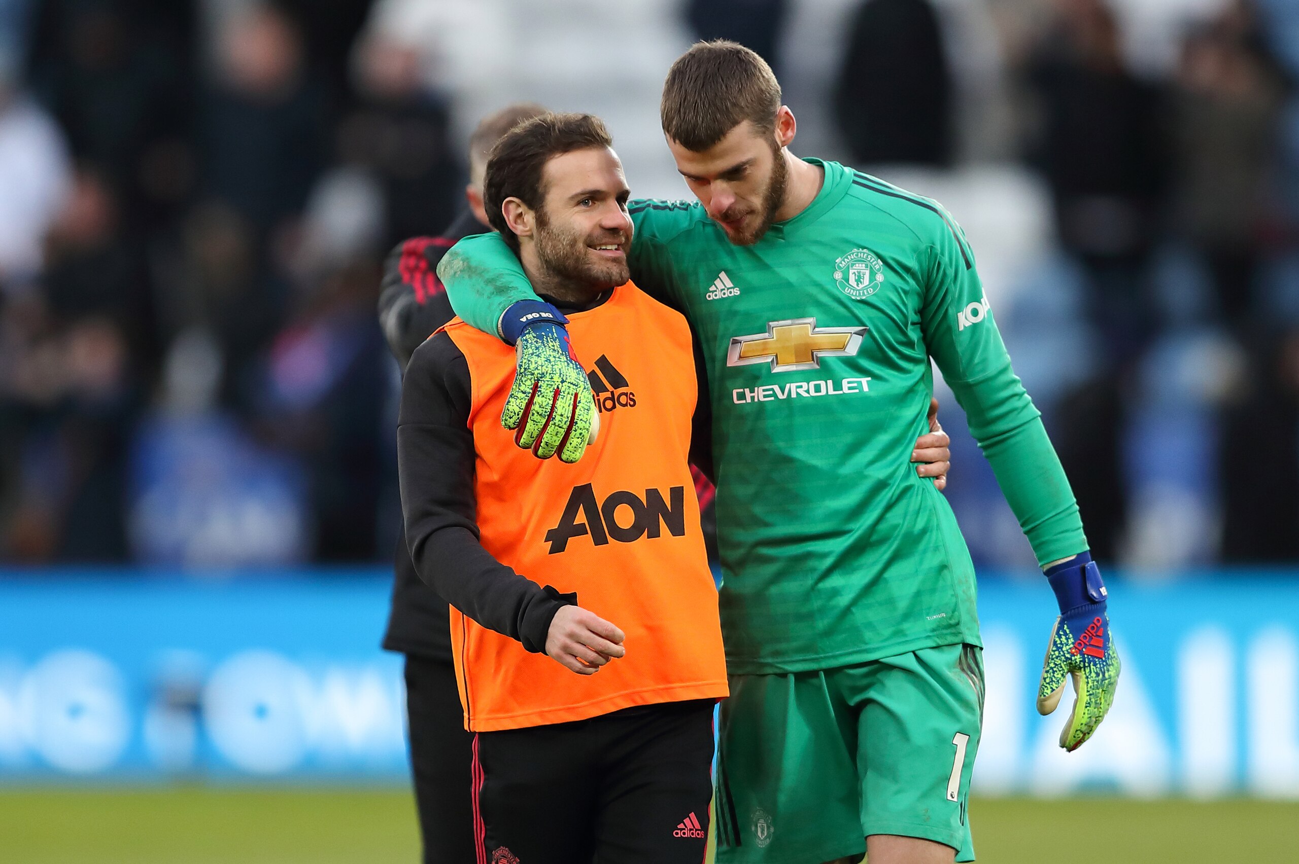LEICESTER, ENGLAND - FEBRUARY 03: Juan Mata and David de Gea of Manchester United at full time of the Premier League match between Leicester City and Manchester United at The King Power Stadium on February 3, 2019 in Leicester, United Kingdom. (Photo by J