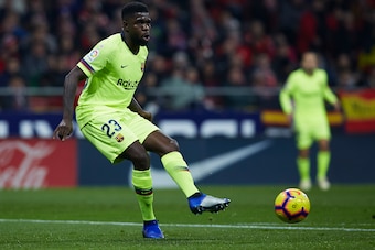 MADRID, SPAIN - NOVEMBER 24:  Samuel Umtiti of FC Barcelona in action during the La Liga match between Club Atletico de Madrid and FC Barcelona at Wanda Metropolitano on November 24, 2018 in Madrid, Spain.  (Photo by Quality Sport Images/Getty Images)