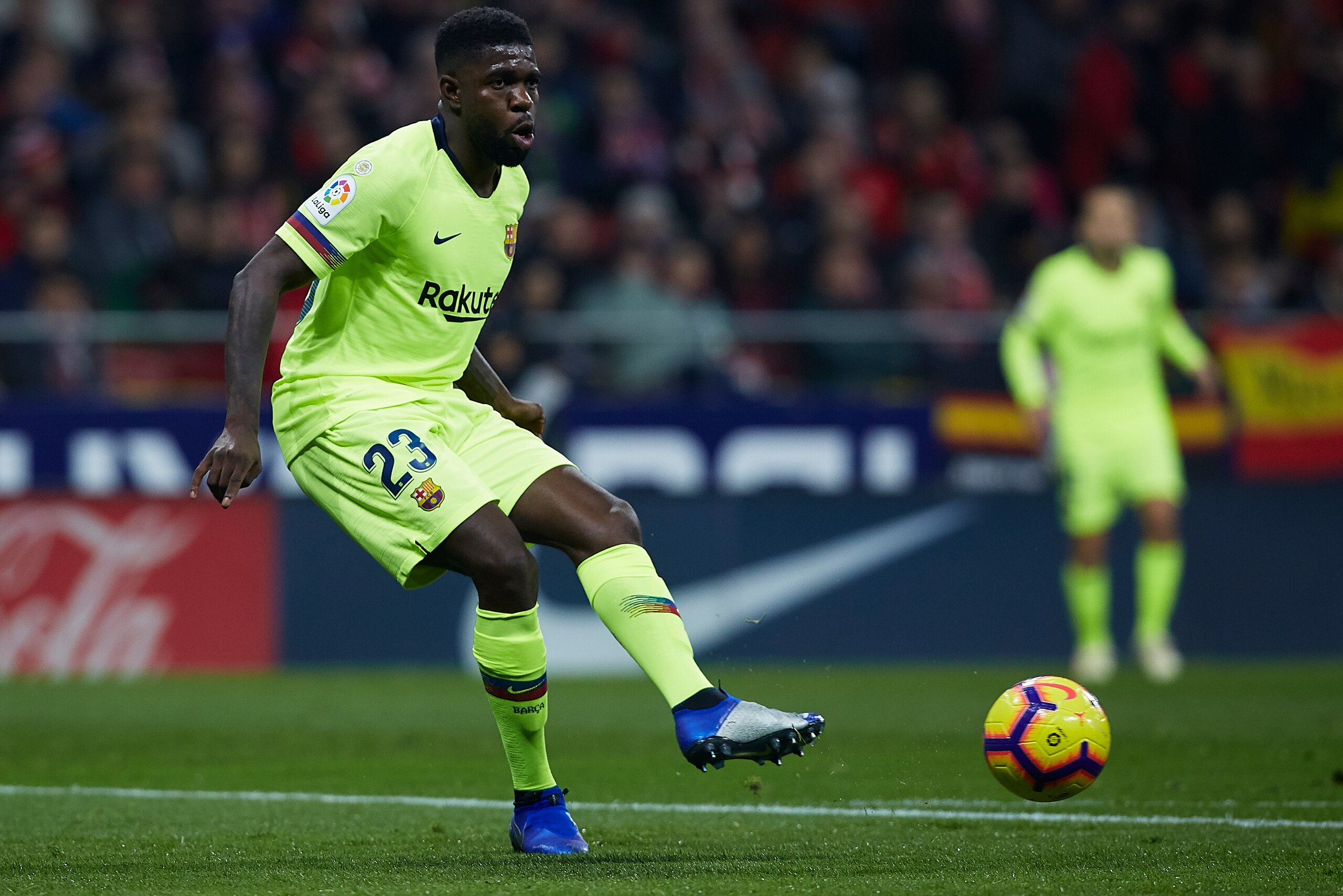 MADRID, SPAIN - NOVEMBER 24:  Samuel Umtiti of FC Barcelona in action during the La Liga match between Club Atletico de Madrid and FC Barcelona at Wanda Metropolitano on November 24, 2018 in Madrid, Spain.  (Photo by Quality Sport Images/Getty Images)