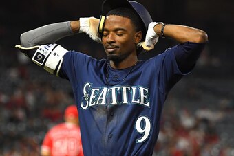 ANAHEIM, CA - SEPTEMBER 13:  Dee Gordon #9 of the Seattle Mariners reacts after grounding out with bases loaded in the game against the Los Angeles Angels of Anaheim at Angel Stadium on September 13, 2018 in Anaheim, California.  (Photo by Jayne Kamin-Onc