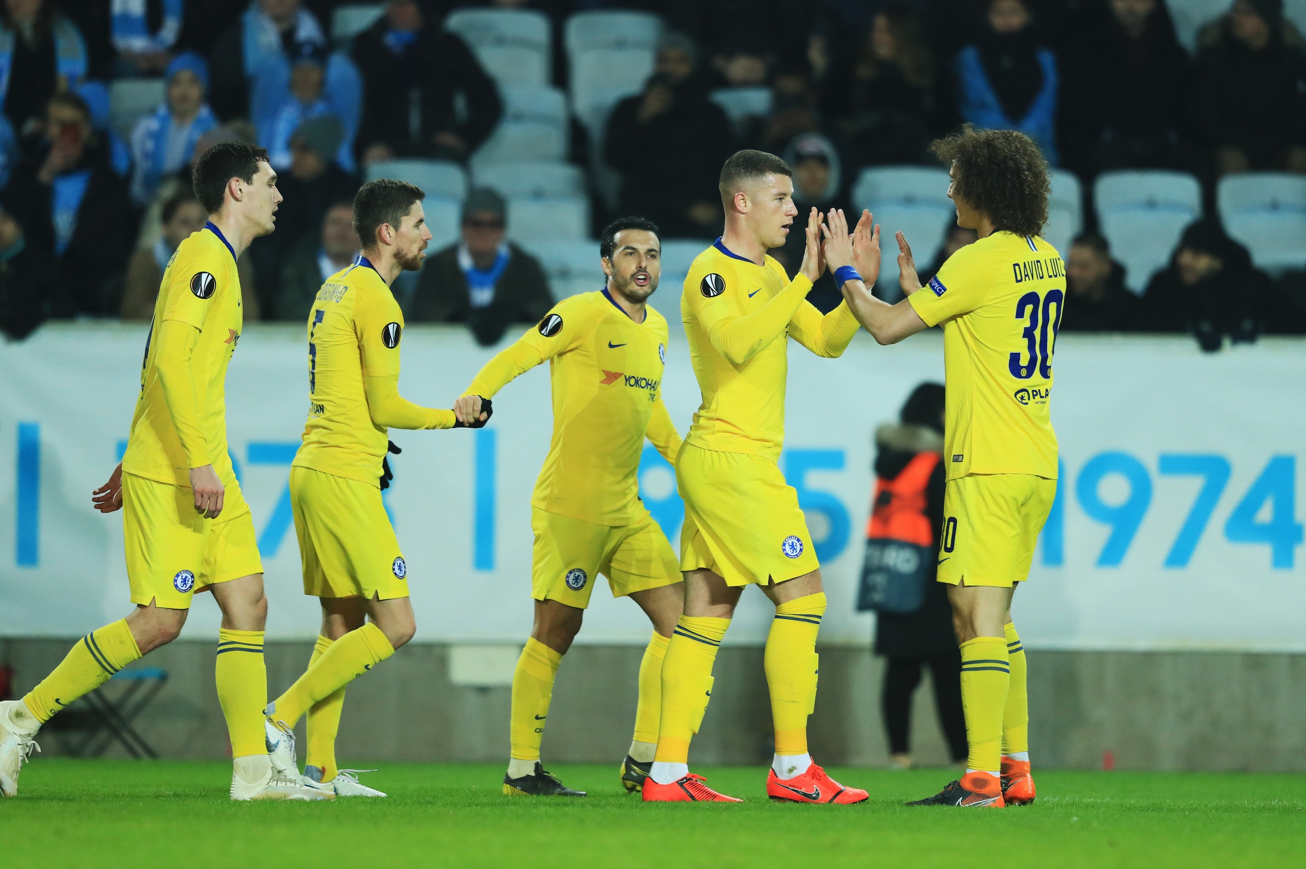 MALMO, SWEDEN - FEBRUARY 14: Ross Barkley of Chelsea FC celebrates after scoring to 0-1 during the UEFA Europa League Round of 32 First Leg match between Malmo FF and Chelsea at Malmoe Stadion on February 14, 2019 in Malmo, Sweden. (Photo by Lars Dareberg