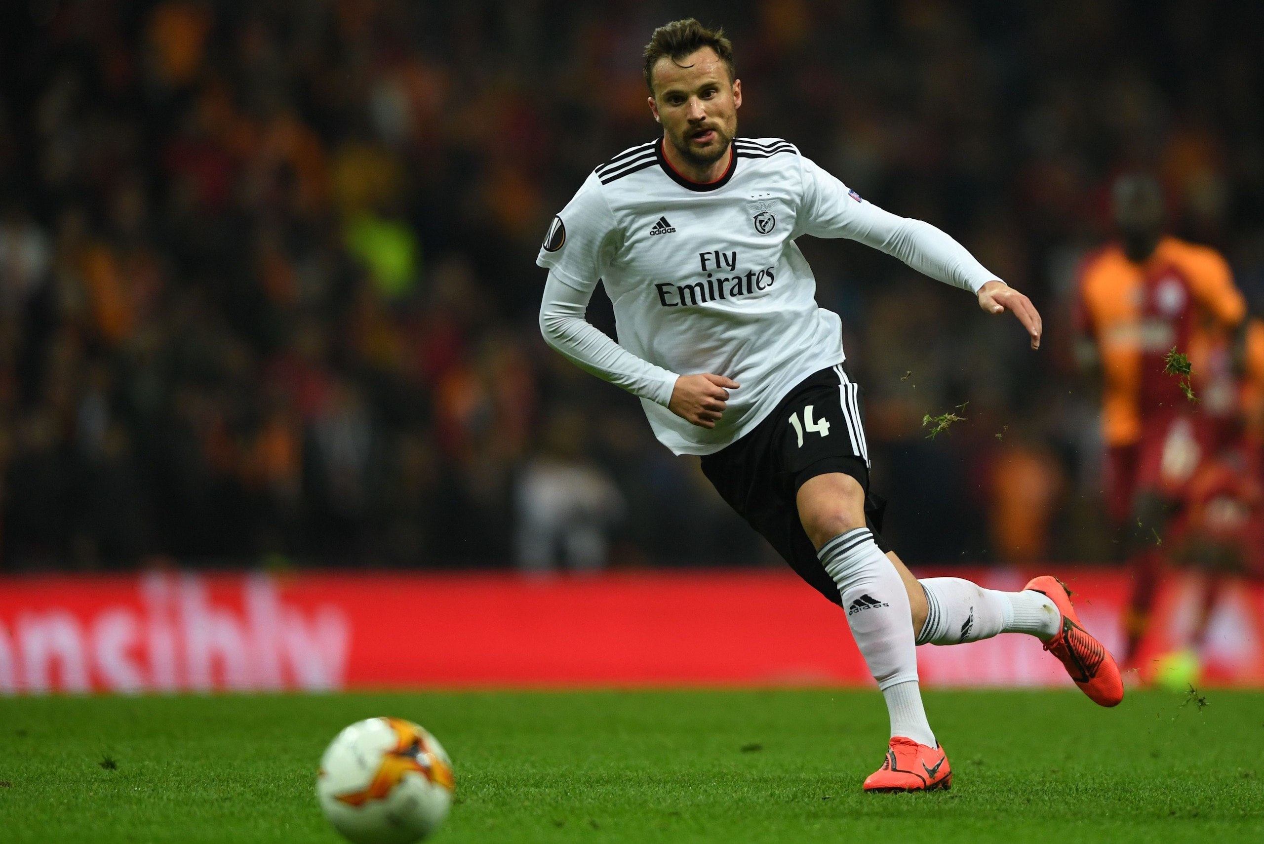 Benfica's Swiss forward Haris Seferovic runs with the ball during the UEFA Europa League round of 32 first leg football match between Galatasaray and Benfica at the Turk Telekom stadium, in Istanbul, on February 14, 2019. (Photo by OZAN KOSE / AFP)       