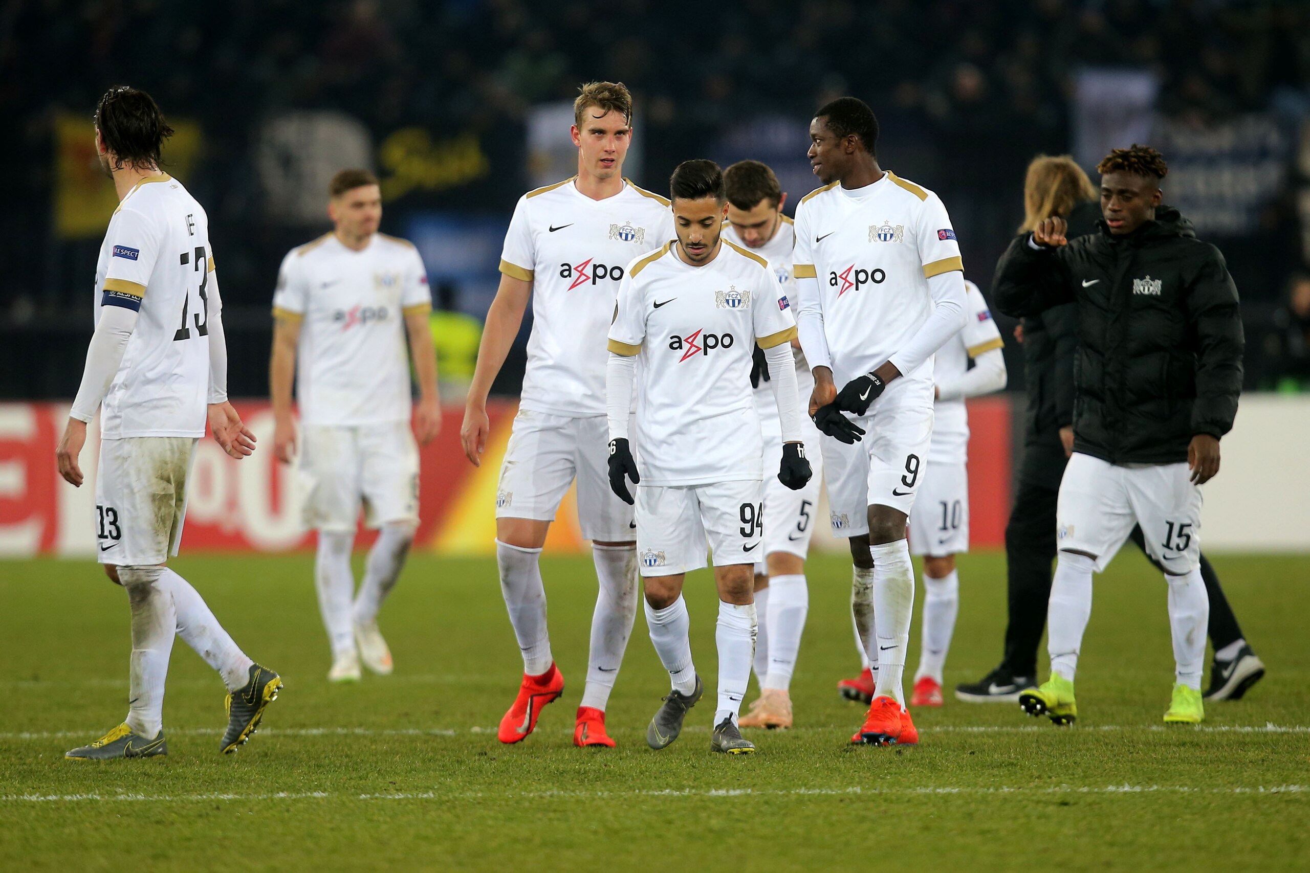 ZURICH, SWITZERLAND - FEBRUARY 14: Andreas Maxso of Zurich , Salim Khelifi of Zurich and Assan Ceesay of Zurich looks dejected after the UEFA Europa League Round of 32 First Leg match between FC Zurich and SSC Napoli at Letzigrund on February 14, 2019 in 