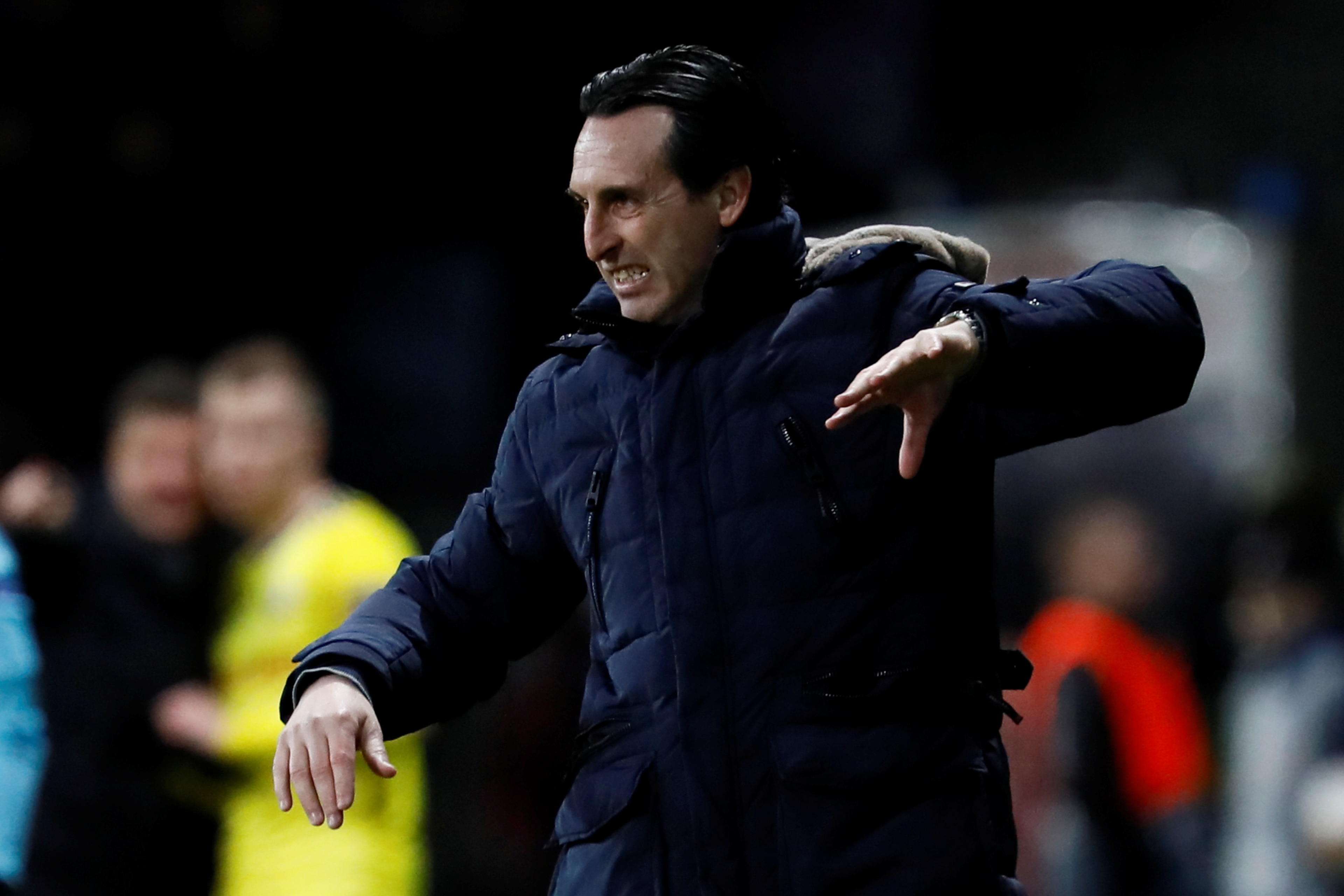 BARYSAW, BELARUS - FEBRUARY 14: Arsenal head coach Unai Emery gestures during the UEFA Europa League Round of 32 First Leg match between BATE Borisov and Arsenal at Borisov-Arena on February 14, 2019 in Borisov, Belarus. (Photo by MB Media/Getty Images)