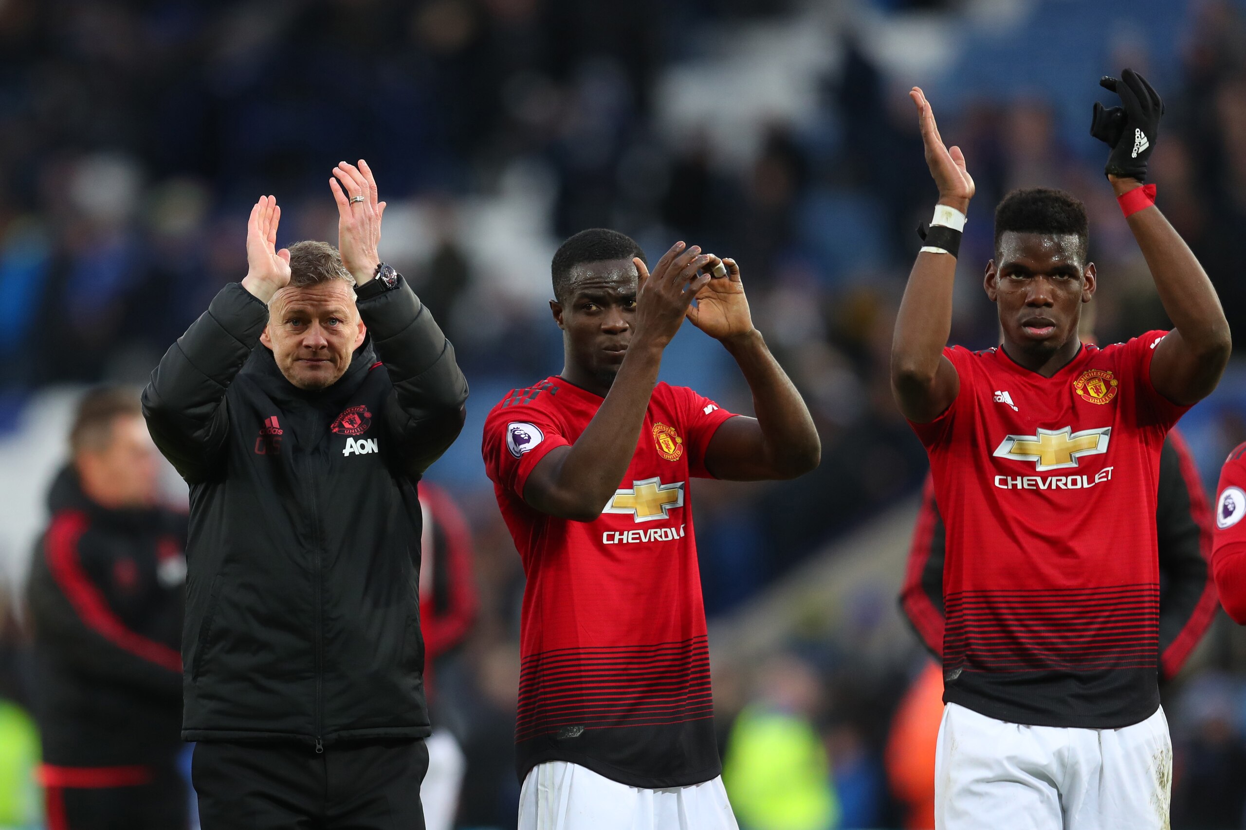 LEICESTER, ENGLAND - FEBRUARY 03: Ole Gunnar Solskjaer interim manager of Manchester United with Eric Bailly and Paul Pogba after the Premier League match between Leicester City and Manchester United at The King Power Stadium on February 03, 2019 in Leice