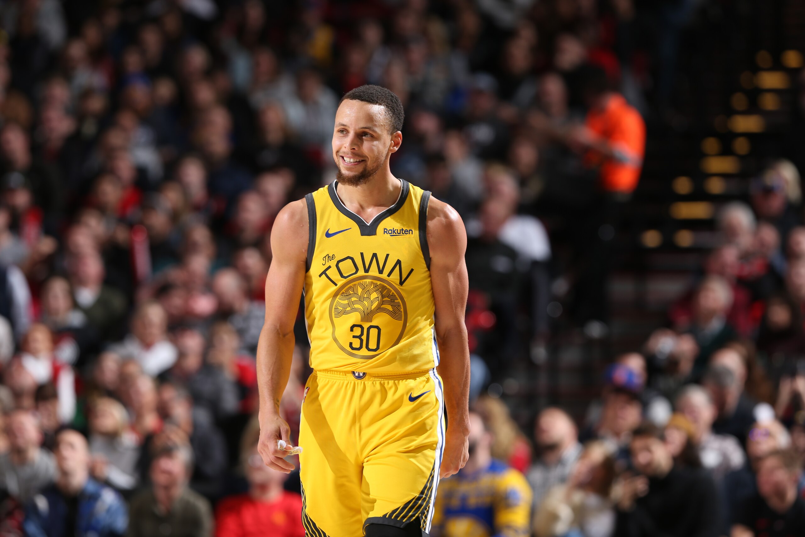 PORTLAND, OR - FEBRUARY 13: Stephen Curry #30 of the Golden State Warriors looks on during the game against the Portland Trail Blazers on February 13, 2019 at the Moda Center in Portland, Oregon. NOTE TO USER: User expressly acknowledges and agrees that, PORTLAND, OR - FEBRUARY 13: Stephen Curry #30 of the Golden State Warriors looks on during the game against the Portland Trail Blazers on February 13, 2019 at the Moda Center in Portland, Oregon. NOTE TO USER: User expressly acknowledges and agrees that,