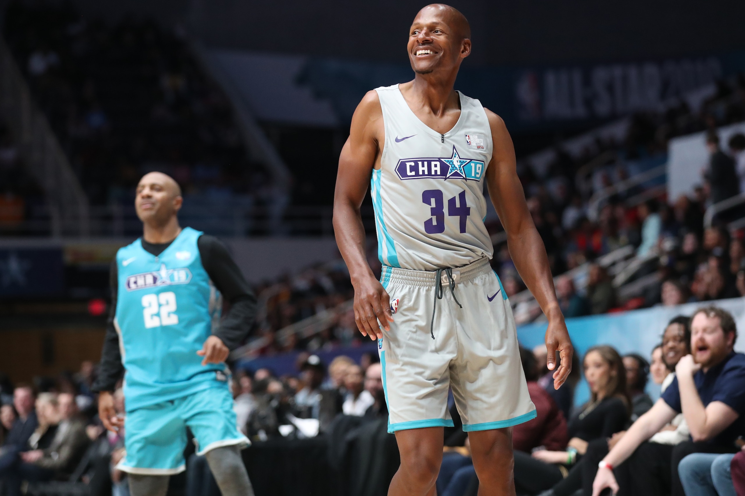 CHARLOTTE, NC - FEBRUARY 15: NBA Legend Ray Allen #34 smiles during the 2019 NBA All-Star Celebrity Game on February 15, 2019 at Bojangles Coliseum in Charlotte, North Carolina. NOTE TO USER: User expressly acknowledges and agrees that, by downloading and