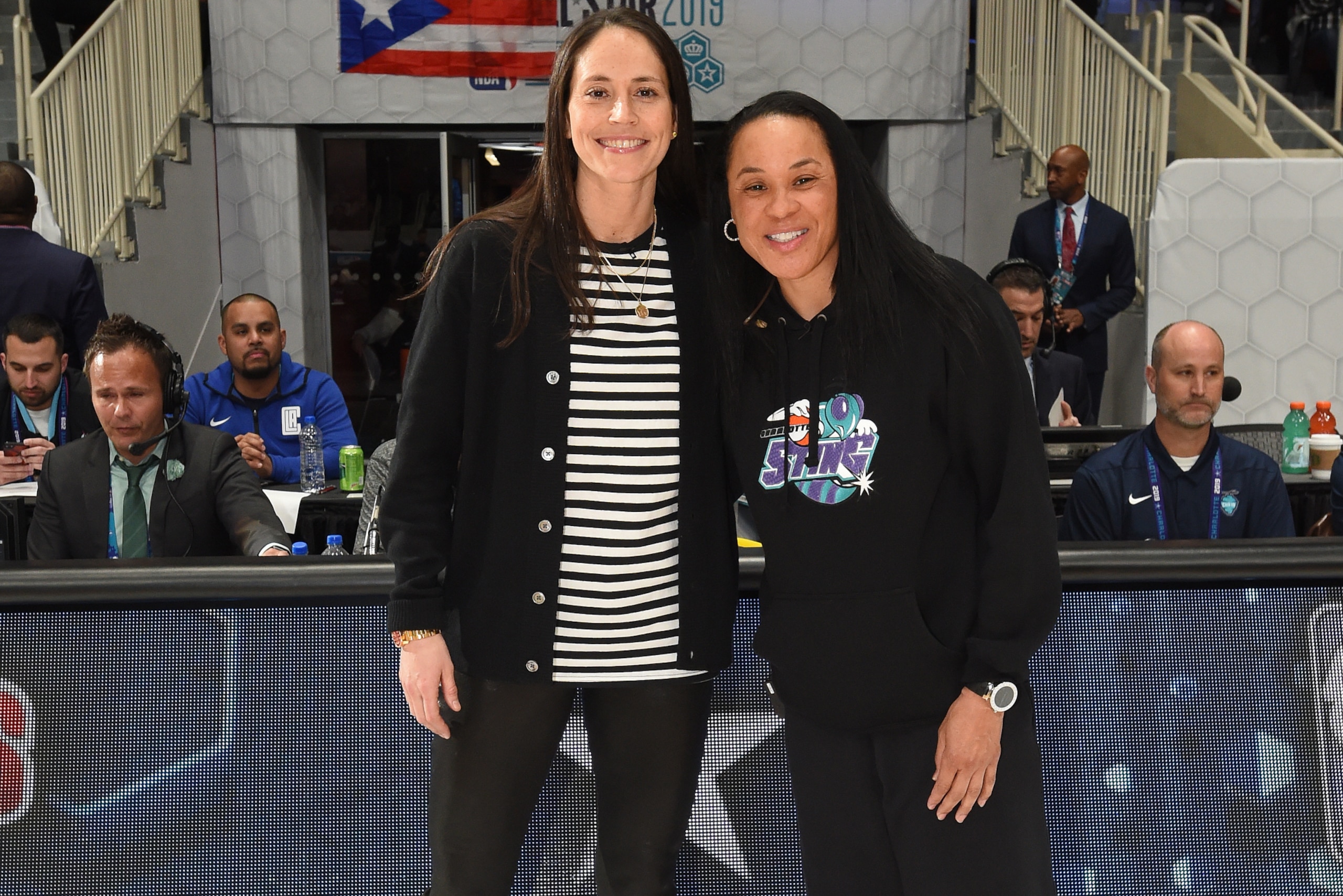 CHARLOTTE, NC - FEBRUARY 15: Sue Bird and Dawn Staley pose for a photo during the 2019 NBA All-Star Celebrity Game on February 15, 2019 at Bojangles Coliseum in Charlotte, North Carolina. NOTE TO USER: User expressly acknowledges and agrees that, by downl