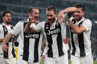 TURIN, ITALY - FEBRUARY 15:  Leonardo Bonucci of Juventus celebrates his goal with his team-mate Giorgio Chiellini (L) and Emre Can (R) during the Serie A match between Juventus and Frosinone Calcio at Allianz Stadium on February 15, 2019 in Turin, Italy.