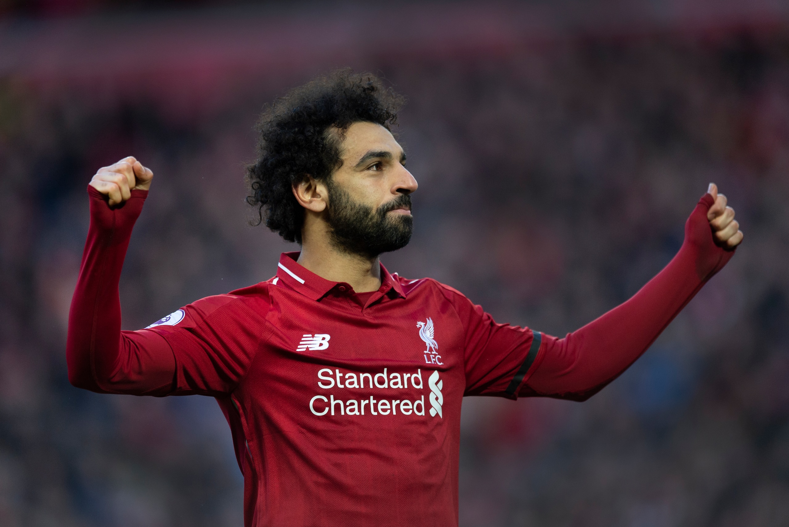 LIVERPOOL, ENGLAND - FEBRUARY 09: Mohamed Salah of Liverpool celebrates scoring the third goal during the Premier League match between Liverpool FC and AFC Bournemouth at Anfield on February 9, 2019 in Liverpool, United Kingdom. (Photo by Visionhaus/Getty LIVERPOOL, ENGLAND - FEBRUARY 09: Mohamed Salah of Liverpool celebrates scoring the third goal during the Premier League match between Liverpool FC and AFC Bournemouth at Anfield on February 9, 2019 in Liverpool, United Kingdom. (Photo by Visionhaus/Getty
